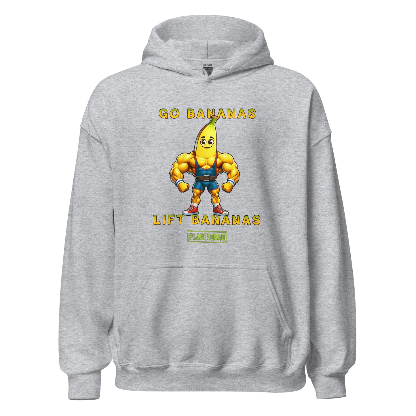 A black vegan hoodie featuring a muscular cartoon banana character flexing its arms. The text above the character reads "GO BANANAS" and below the character reads "LIFT BANANAS." There is a small "PLANTSQUAD" logo beneath the character, ideal for those embracing a plant-based lifestyle and weight lifting apparel. The product name is Plantsquad Banana "Go Bananas Lift Bananas" - Unisex Hoodie.