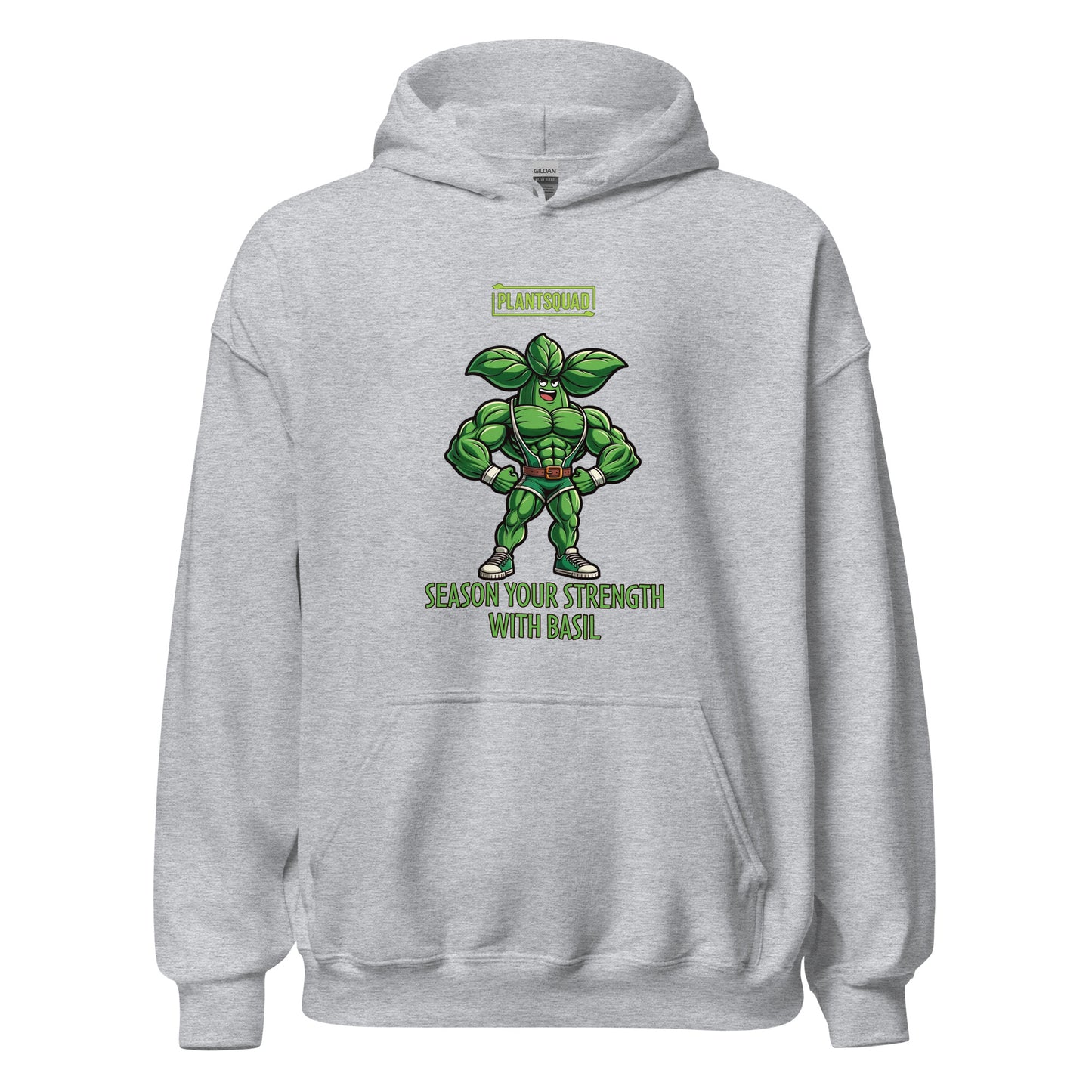 The Plantsquad Basil "Season Your Strength With Basil" - Unisex Hoodie features a muscular cartoon basil character, aptly named Basil, standing with arms crossed. Above Basil, a green logo reads "PLANTSQUAD." Below him, the text says, "SEASON YOUR STRENGTH WITH BASIL." Embrace the vegan lifestyle and cozy fabric while flaunting your love for weight lifting.