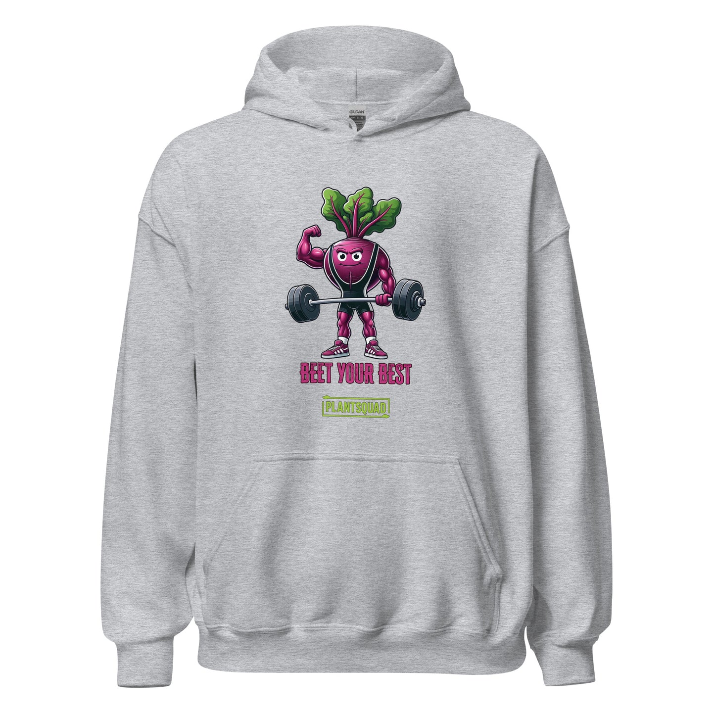 Enjoy the Plantsquad Beetroot "Beet Your Best" - Unisex Hoodie, a black hoodie made of cozy fabric featuring an illustrated beetroot lifting barbells, with leaves as hair, under the text "BEET YOUR BEST" in bold pink letters. Embrace your vegan lifestyle with the small green box below the beetroot character that reads "PLANTSQUAD.