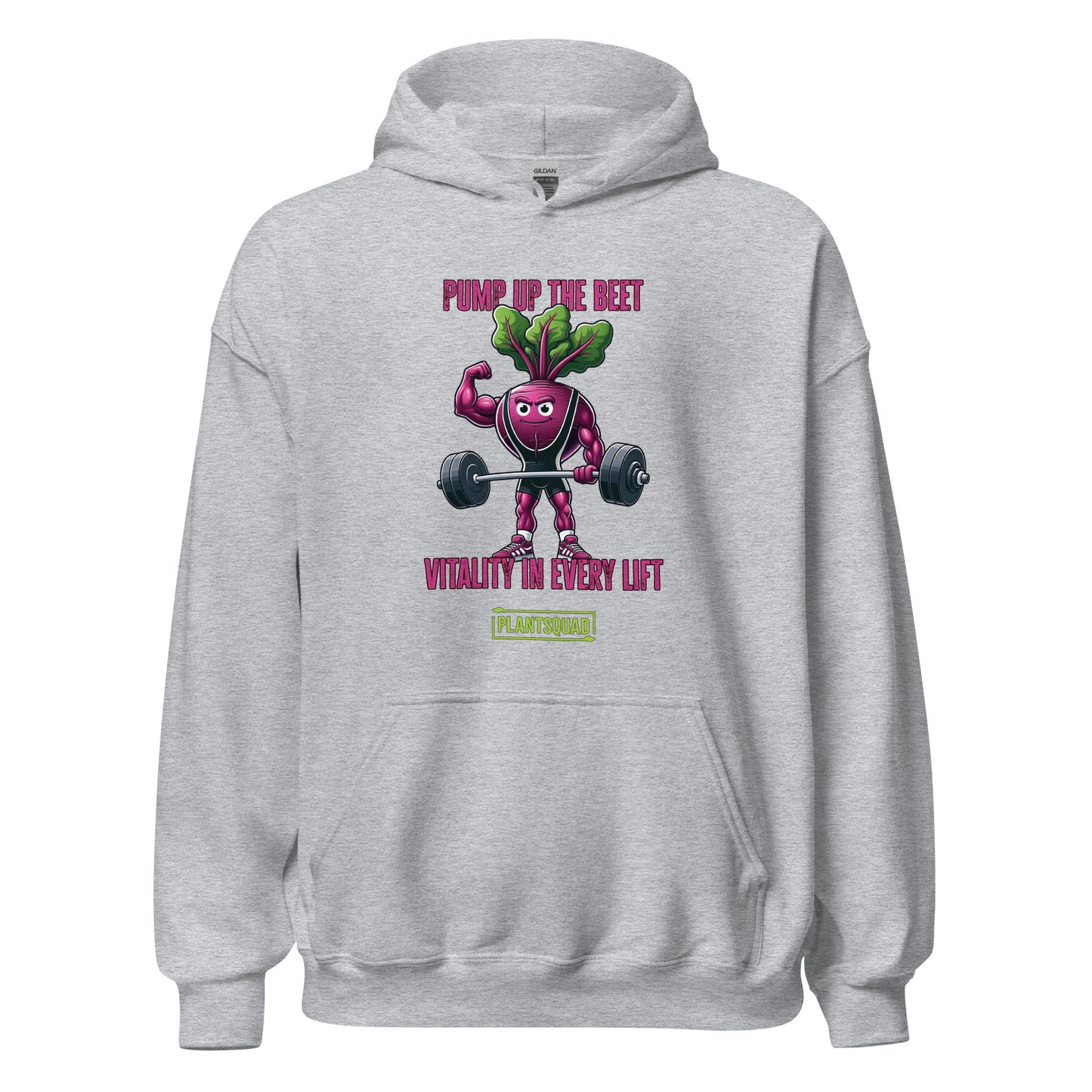 A Plantsquad Beetroot "Pump Up The Beet Vitality In Every Lift" - Unisex Hoodie featuring a muscular beetroot design lifting dumbbells. Above the beet, the text reads "PUMP UP THE BEET," and below it says "VITALITY IN EVERY LIFT." Made from cozy fabric, it perfectly complements your vegan lifestyle. The logo "PLANT SQUAD" is printed at the bottom.