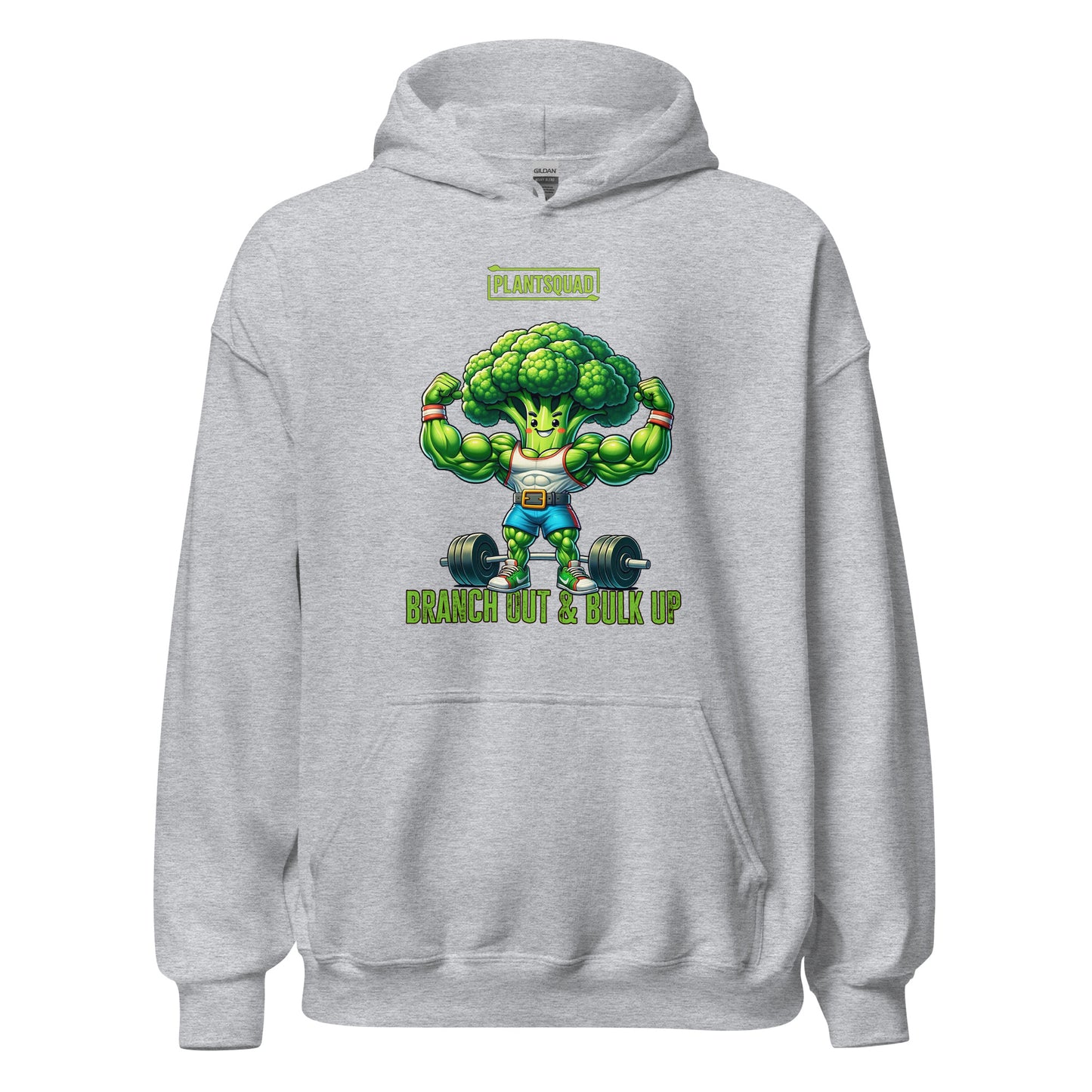 A Plantsquad Broccoli "Branch Out & Bulk Up" - Unisex Hoodie made from cozy fabric features an illustration of a muscular, anthropomorphic broccoli lifting dumbbells. The text above reads "PLANTSQUAD" and below reads "BRANCH OUT & BULK UP!" Perfect for those embracing a vegan lifestyle, the hoodie has a front pocket and a drawstring hood.