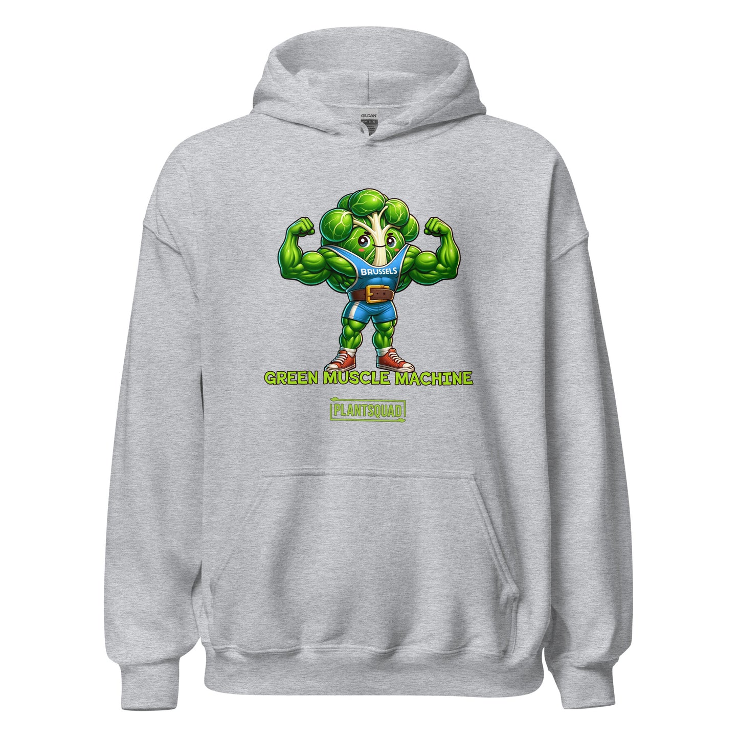 A black **Plantsquad Brussel Sprout "Green Muscle Machine" - Unisex Hoodie** featuring a muscular, anthropomorphic broccoli character flexing its arms. Text below the character reads "GREEN MUSCLE MACHINE" with "PLANTSQUAD" underneath—perfect for those embracing a plant-based lifestyle and seeking stylish vegan gym wear.