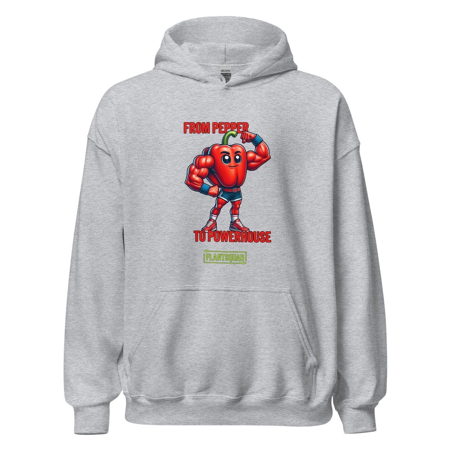 Plantsquad Capsicum "From Pepper To Powerhouse" - Unisex Hoodie featuring a cartoon image of a muscular red pepper wearing boxing gloves and shorts. The text above the character reads "FROM PEPPER TO POWERHOUSE" and below it, "PLANTSQUAD" is written on a green banner, celebrating the vegan lifestyle and plant-based power in weight lifting.