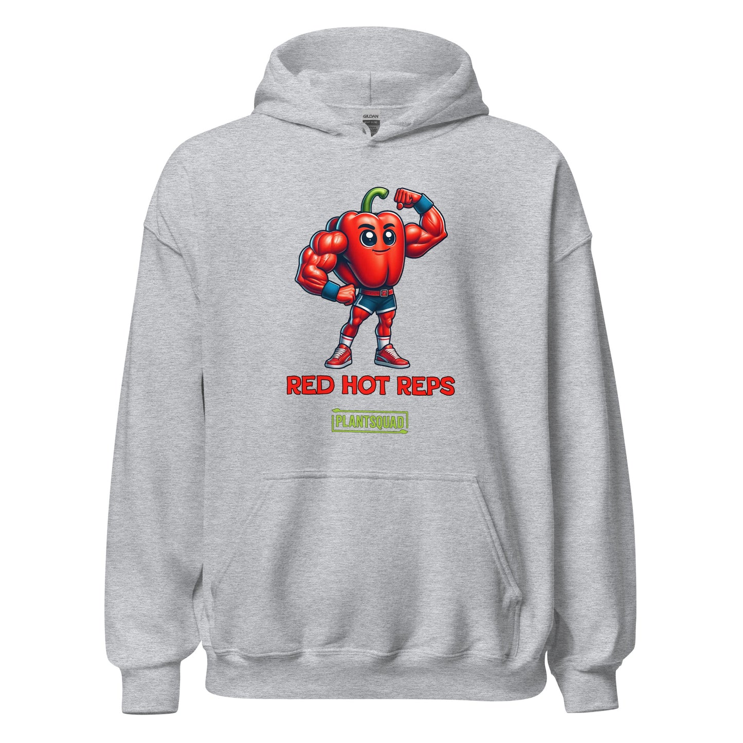 The Plantsquad Capsicum "Red Hot Reps" - Unisex Hoodie features a cartoon muscular red bell pepper character flexing its arms. The text "RED HOT REPS" is printed in red below the character, with "PLANTSQUAD" in green beneath it. Perfect workout clothing, the hoodie has a front pocket and drawstrings at the neck.