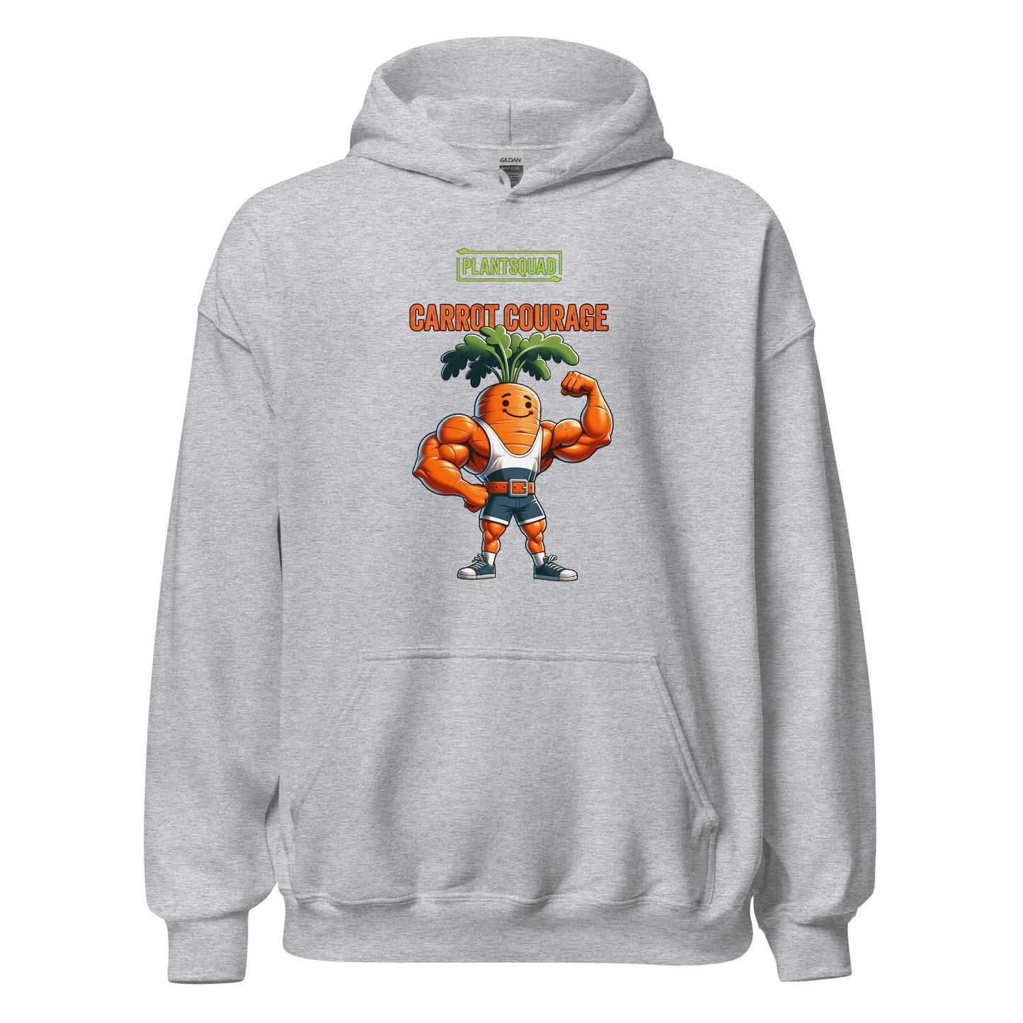 A Plantsquad Carrot "Carrot Courage" - Unisex Hoodie featuring a cartoon image of a muscular carrot character with green leafy hair, flexing its arms. Above the carrot, the text reads "PLANTSQUAD" and "CARROT COURAGE" in bold letters, perfect for those embracing the vegan lifestyle.