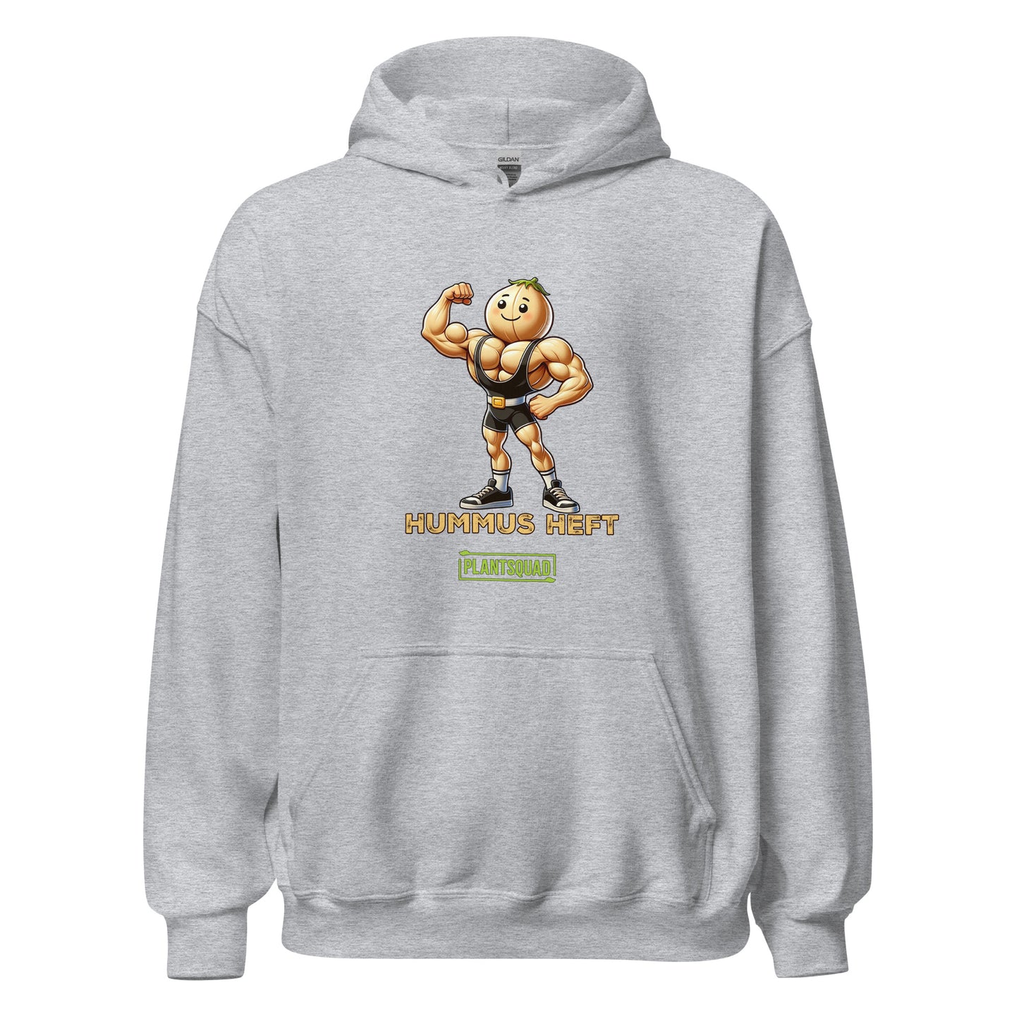 The Plantsquad Chickpea "Hummus Heft" - Unisex Hoodie features a black hooded sweatshirt with a cartoon hummus mascot flexing its biceps, embodying the weight-lifting chickpea spirit. The text "Hummus Heft" is printed below the character, with "PLANTSQUAD" in a green box underneath, perfect for showcasing your vegan lifestyle.