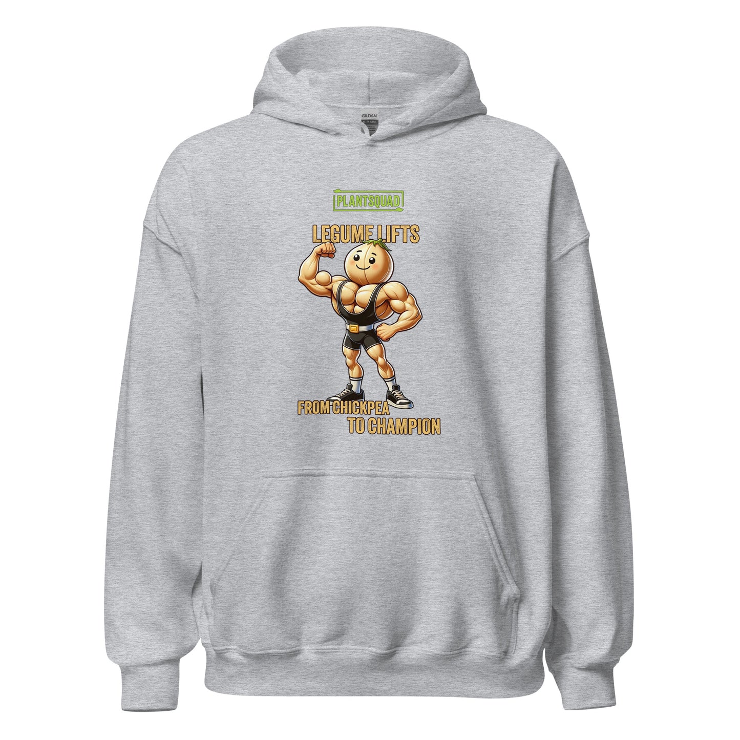 A black Plantsquad Chickpea "Legume Lifts" - Unisex Hoodie features a muscular chickpea cartoon character lifting a dumbbell. Above the character, text reads "Plantsquad" and "Legume Lifts." Below, it says "From Chickpea to Champion." The design is centered on the chest area of the hoodie, perfect for showing off your vegan lifestyle.