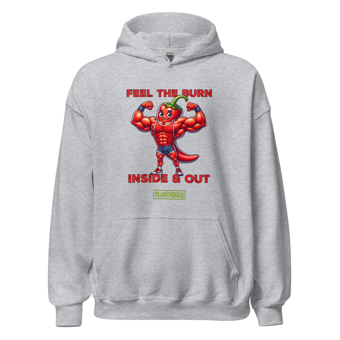 The Plantsquad Chilli "Feel The Burn Inside & Out" - Unisex Hoodie is a black weight lifting hoodie with a design of a muscular cartoon chili pepper flexing its muscles. The text above reads "Feel the Burn" and below it reads "Inside & Out." The bottom text features the logo "PlantSquad" in green and white, perfect for showcasing your plant-based, vegan lifestyle.