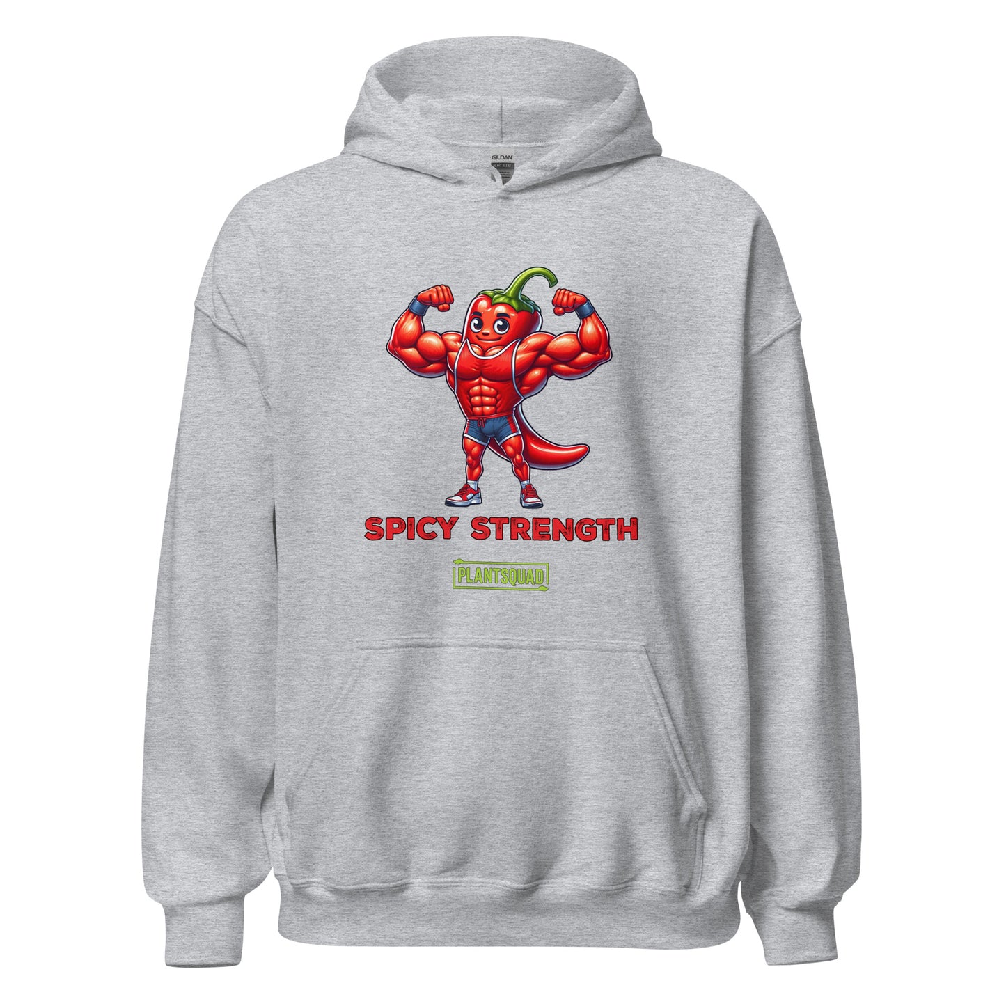 The Plantsquad Chilli "Spicy Strength" - Unisex Hoodie features a cartoon muscular chili pepper character flexing its biceps. The text "SPICY STRENGTH" is written below in red, bold letters. Lower on the hoodie, there is a green rectangular label with the text "PLANTSQUAD" in white, perfect for anyone embracing the vegan lifestyle.