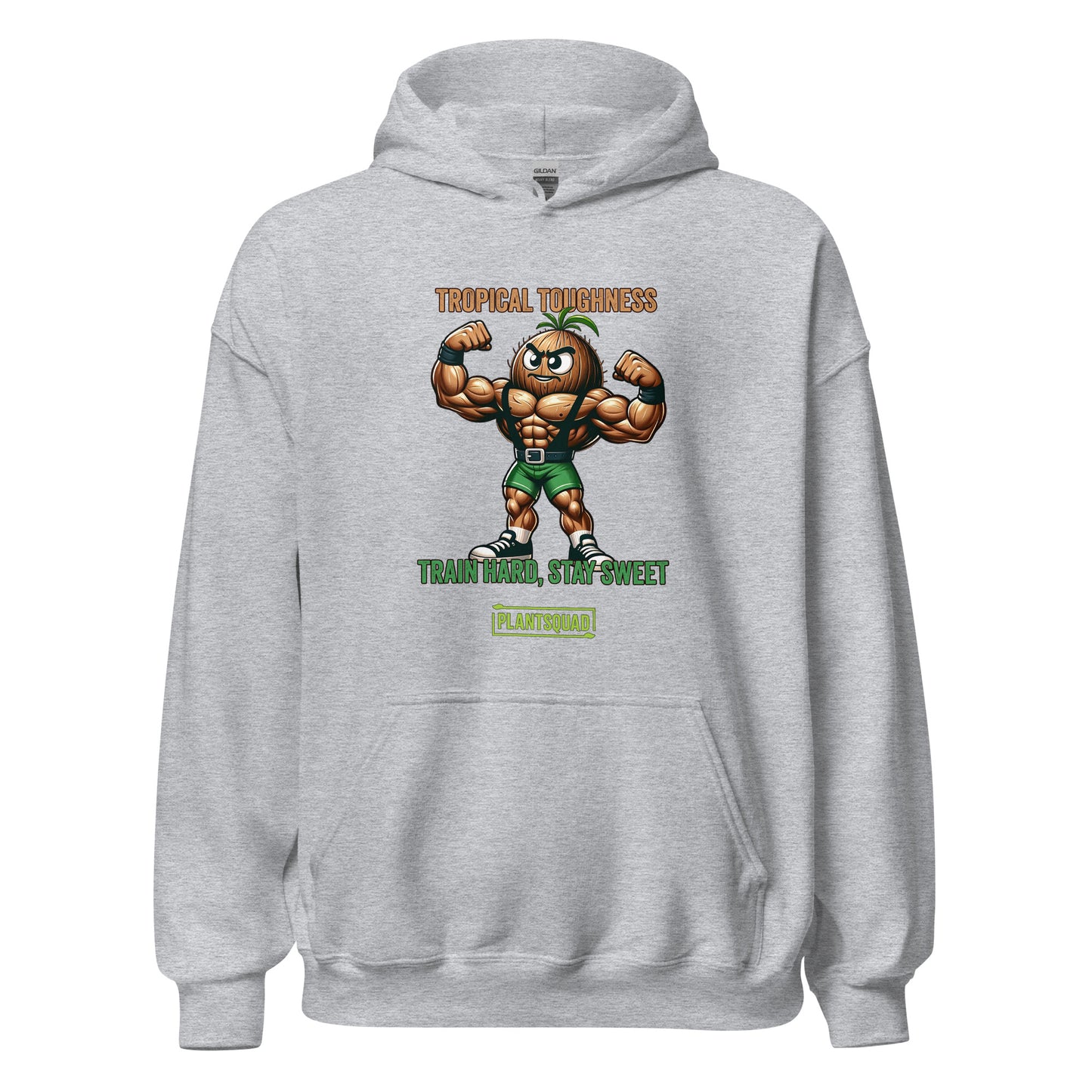 The Plantsquad Coconut "Tropical Toughness Train Hard Stay Sweet" - Unisex Hoodie features a muscular cartoon coconut flexing its biceps, wearing green shorts. Above the coconut, text reads "Tropical Toughness." Below it, text reads "Train Hard, Stay Sweet" with a green banner labeled "PlantSquad." Ideal for those embracing a vegan lifestyle.