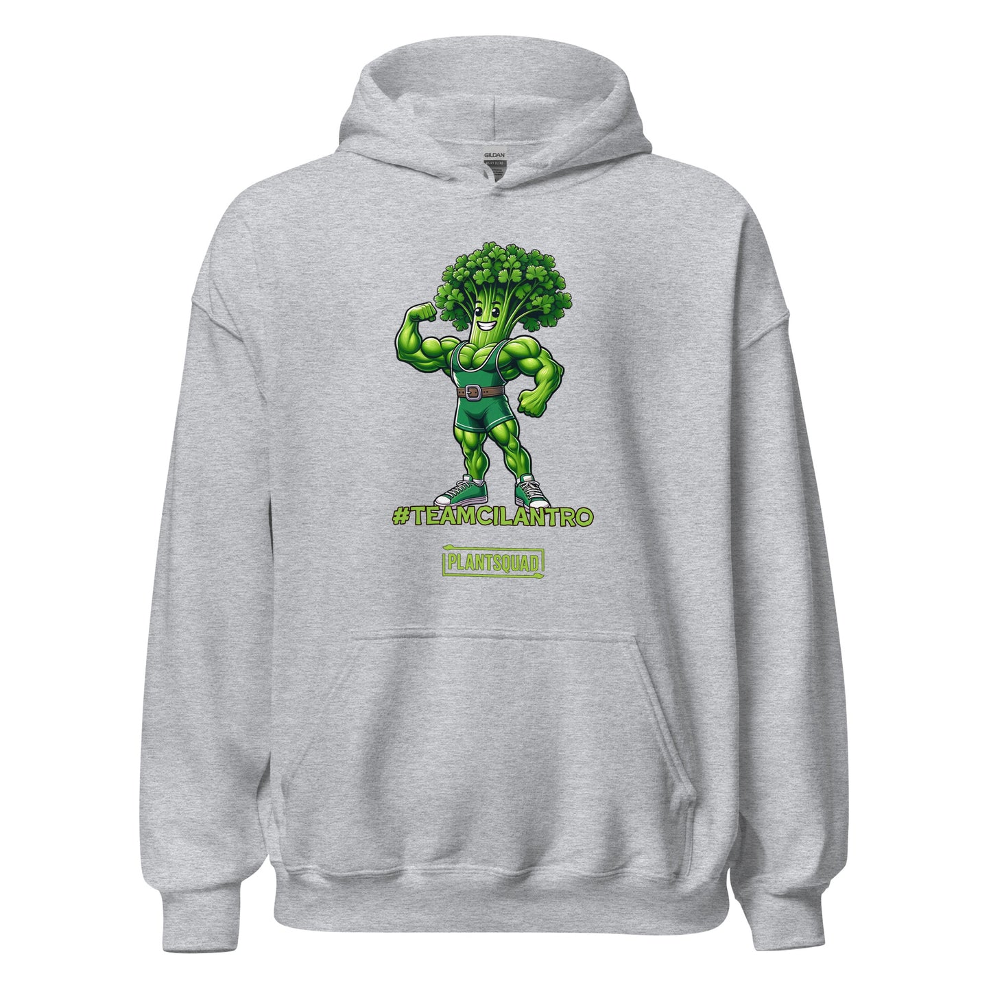 The Plantsquad Cilantro "Team Cilantro" - Unisex Hoodie features a cartoon of a muscular, flexing cilantro superhero, perfect for those embracing a vegan lifestyle. The character has a leafy head, an eye mask, and a belt. Below the character, the text reads "#TEAMCILANTRO" and "PLANTSQUAD.