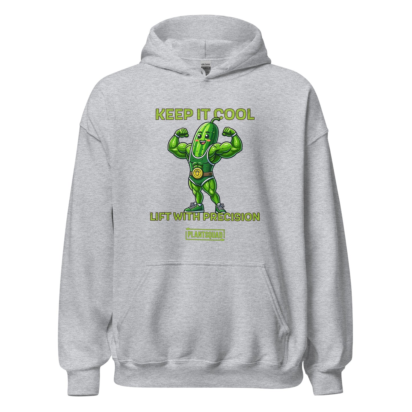 A black hoodie featuring a muscular green pickle character flexing its arms. Above the character, it says "KEEP IT COOL," and below, "LIFT WITH PRECISION." The word "PLANTSQUAD" is written on a banner beneath the pickle, perfect for those embracing a plant-based vegan lifestyle while weight lifting—this is the Plantsquad Cucumber "Keep It Cool Lift With Precision" - Unisex Hoodie.