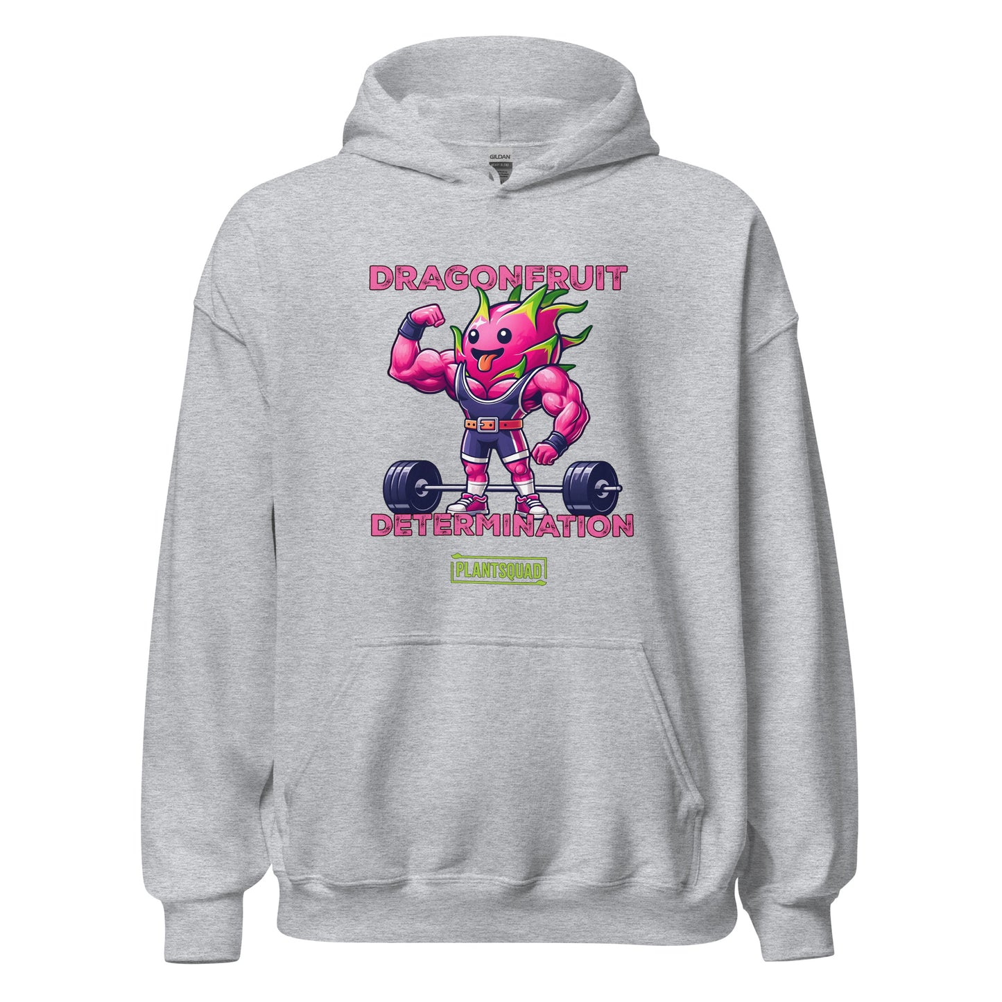 This Plantsquad Dragonfruit "Dragonfruit Determination" - Unisex Hoodie features a muscular dragonfruit character lifting barbells, with text above and below reading "Dragonfruit Determination." The bright pink dragonfruit with green spikes showcases strength and determination, promoting a vegan lifestyle. The "Plantsquad" logo is displayed at the bottom.