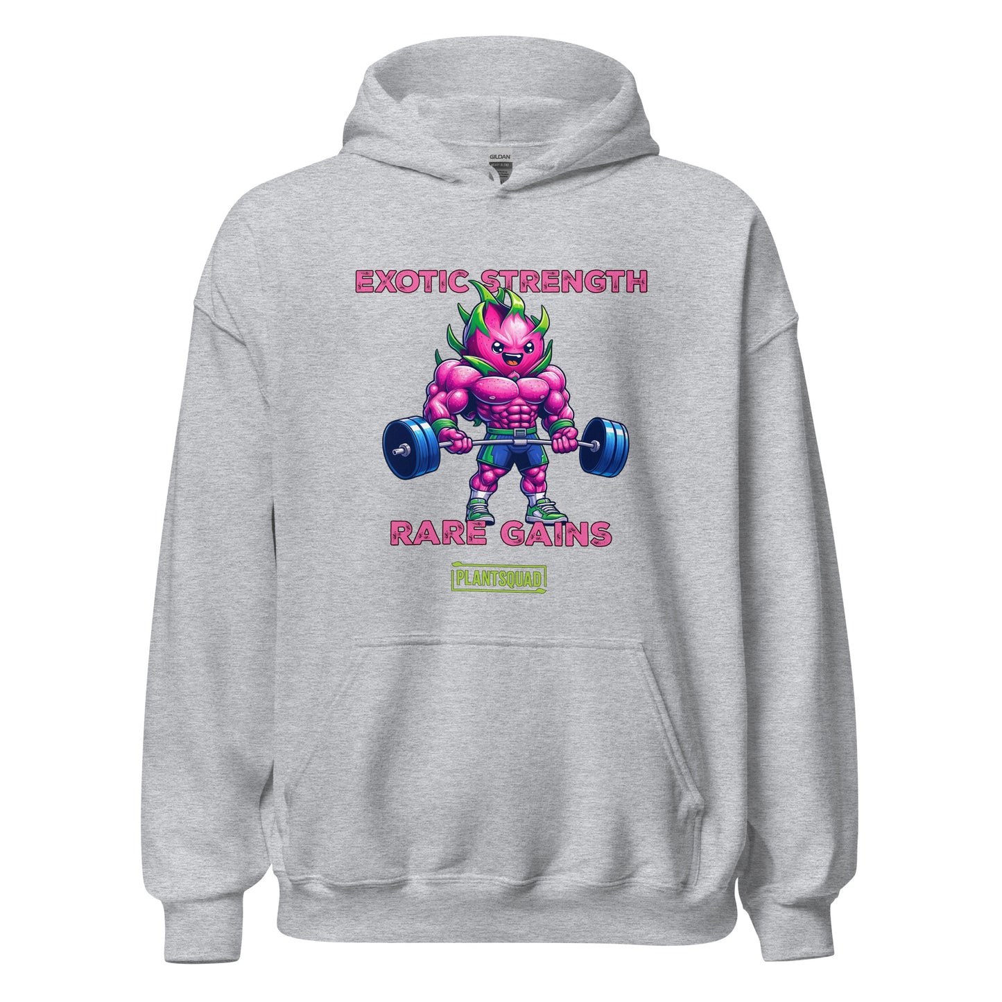 Plantsquad Dragonfruit "Exotic Strength Rare Gains" - Unisex Hoodie featuring a muscular, pink cartoon character with green hair lifting dumbbells. The text above and below the character reads "EXOTIC STRENGTH" and "RARE GAINS" in pink, with "PLANTSQUAD" in green and yellow at the bottom. Perfect for embracing a vegan lifestyle!