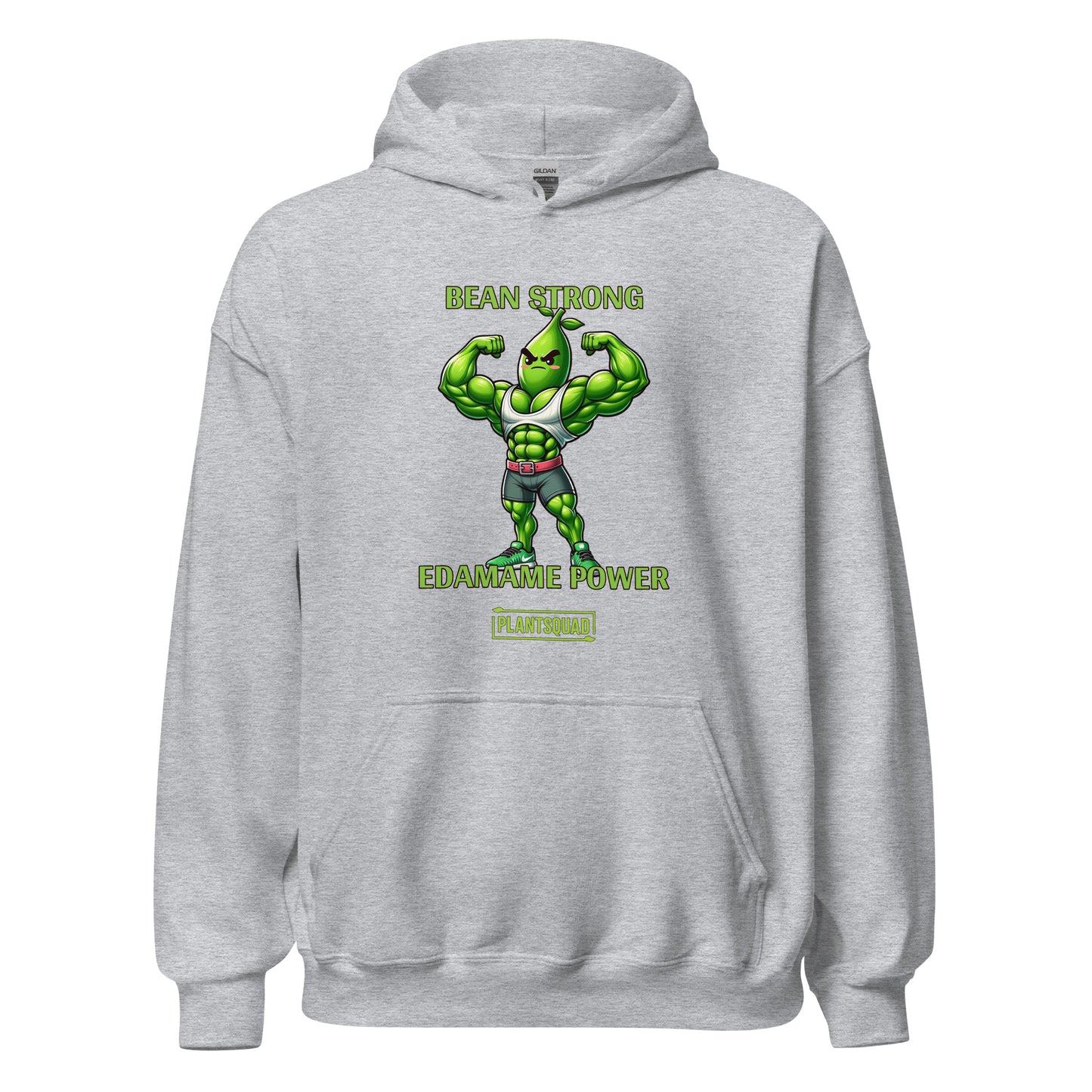 A black vegan gym hoodie featuring a muscular green bean character flexing its arms. The text above reads "BEAN STRONG" and below reads "EDAMAME POWER." Embrace the plant-based lifestyle with our Plantsquad Edamame "Bean Strong Edamame Power" - Unisex Hoodie, branded with "PLANTSQUAD" at the bottom.