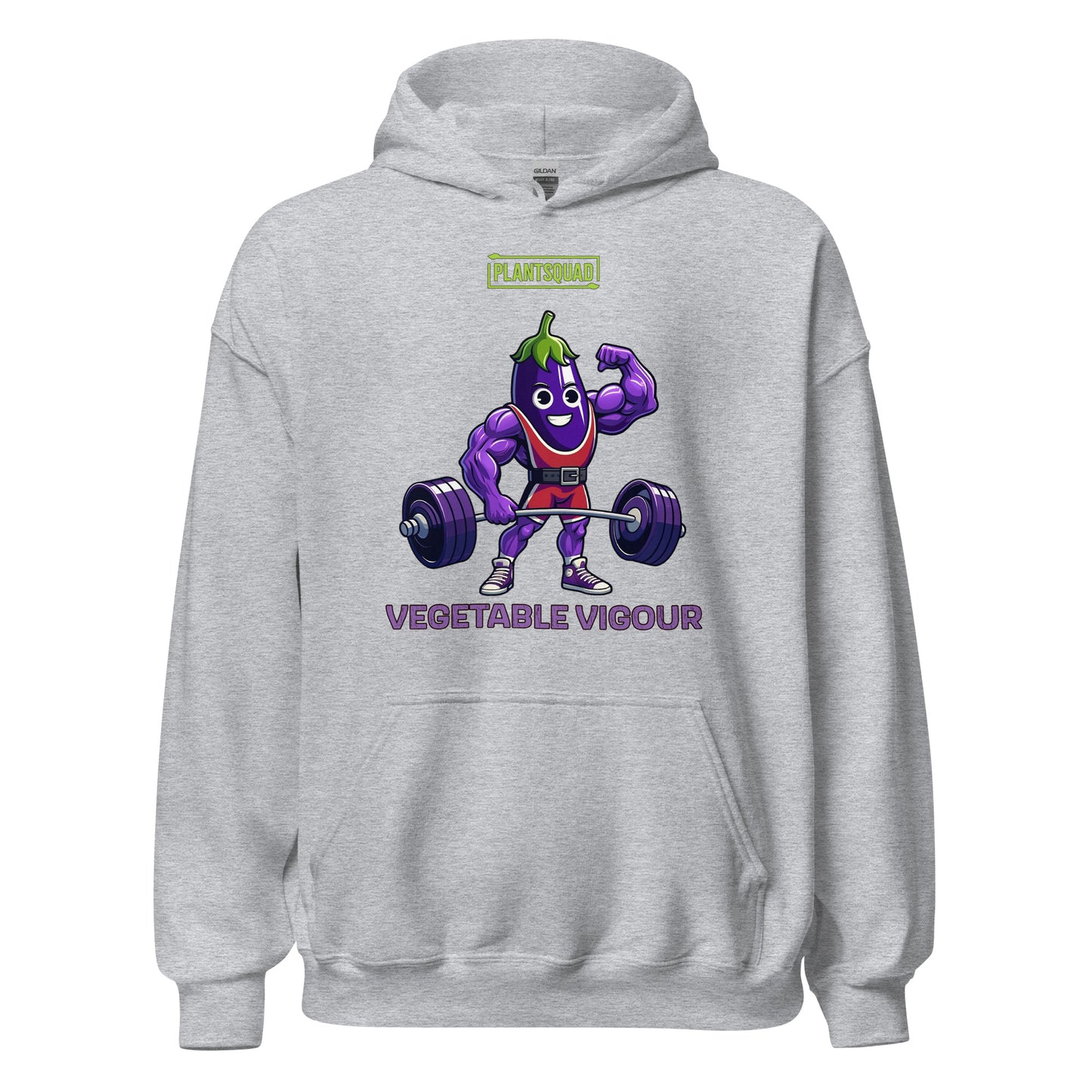 The Plantsquad Eggplant "Vegetable Vigour" - Unisex Hoodie features an illustration of a muscular cartoon vegetable lifting weights. The character is smiling and flexing one arm. The text above reads "PLANT SQUAD," and below, it says "VEGETABLE VIGOUR." Perfect for embracing the vegan lifestyle with its fun, weight-lifting theme.