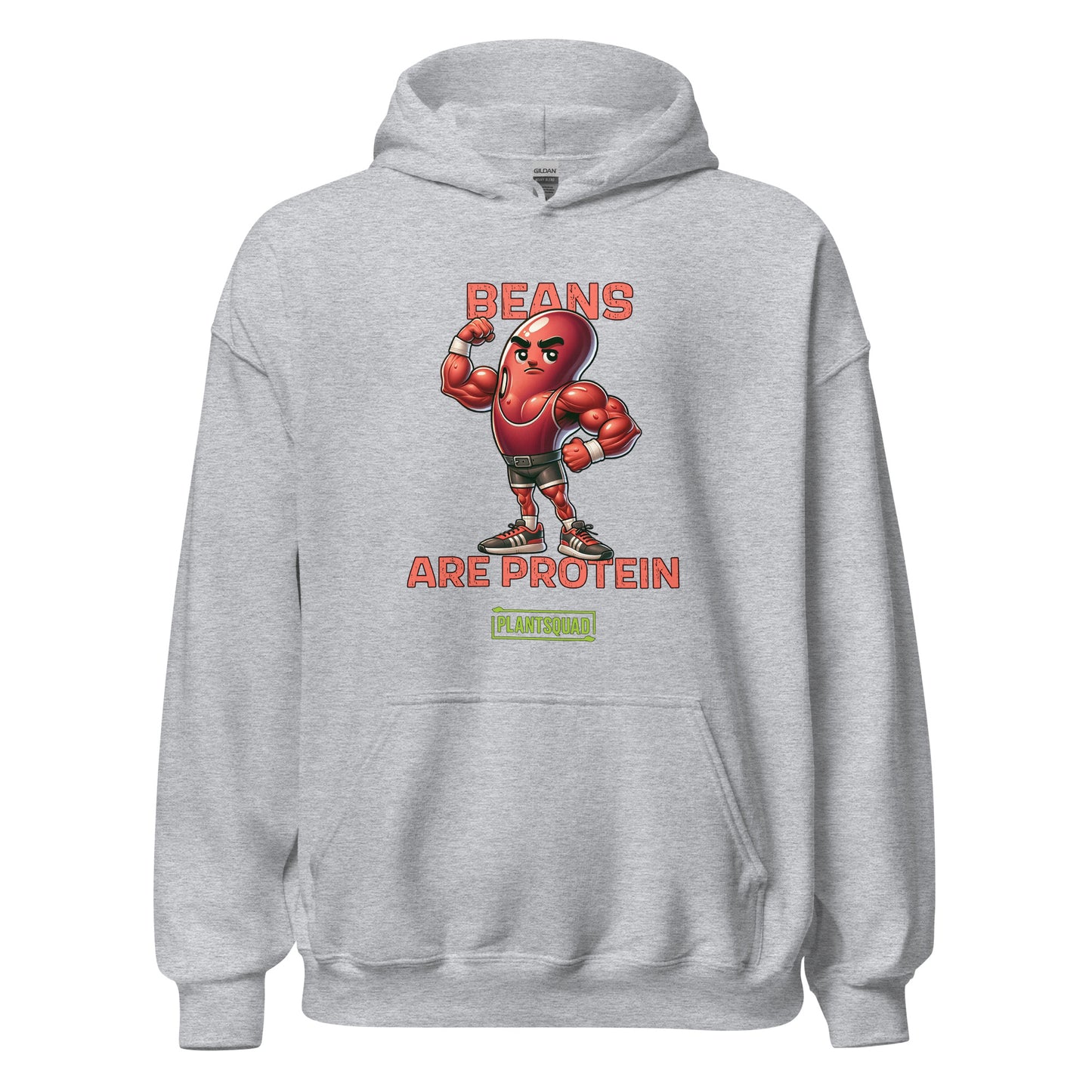 A black hoodie featuring a graphic of a muscular, anthropomorphic bean character in boxing gear, with the text "Beans Are Protein" in bold red letters above and below the image. Embrace your vegan lifestyle with this Plantsquad Kidney Bean "Beans Are Protein" - Unisex Hoodie. Below the text is a small green rectangle with the word "PLANTSQUAD.