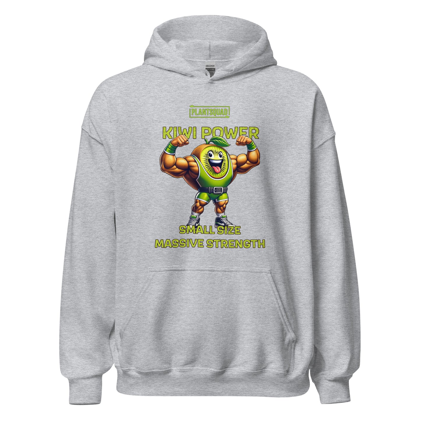 A black weight lifting hoodie featuring a cartoon kiwi character with muscular arms flexing. Above the character is the text "PLANTSQUAD" and "KIWI POWER". Below the character, it reads "SMALL SIZE MASSIVE STRENGTH" in yellow-green font, perfect for showcasing your vegan lifestyle—the Plantsquad Kiwi "Kiwi Power Small Size Massive Strength" - Unisex Hoodie.