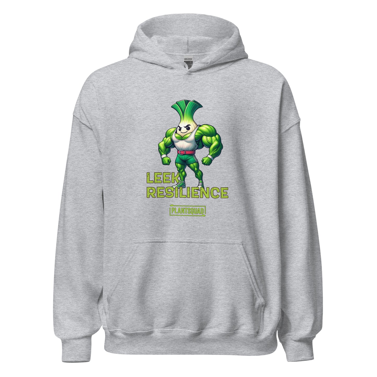 A black *Plantsquad Leek "Leek Resilience" - Unisex Hoodie* featuring an animated muscular leek character. The leek, with muscular arms and a confident pose, is accompanied by the text "Leek Resilience" above and "Plantsquad" below. Made from cozy fabric, this hoodie is perfect for those embracing a vegan lifestyle.