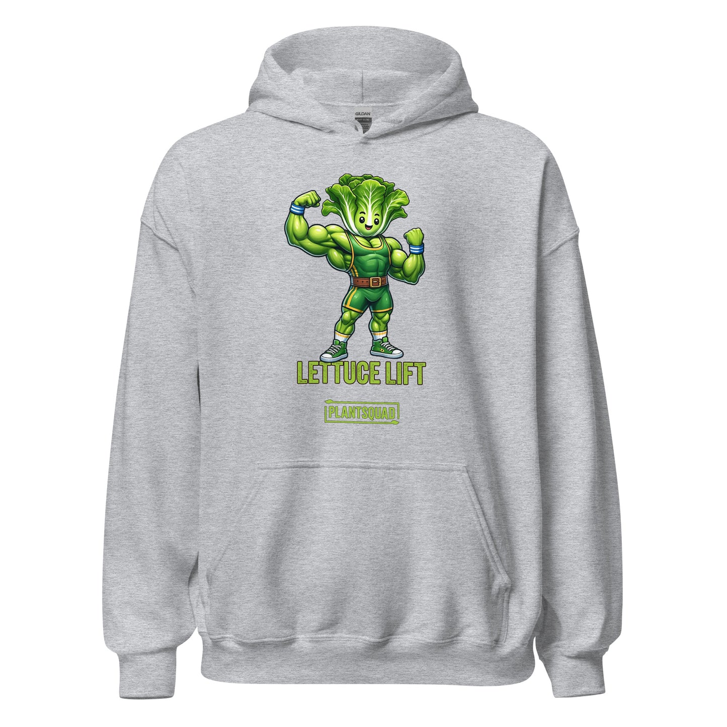 The Plantsquad Lettuce "Lettuce Lift" - Unisex Hoodie features a cartoon muscular head of lettuce with a determined expression, flexing its arms. Below it, the text reads "LETTUCE LIFT" in bold yellow-green letters and "PLANTSQUAD" in a smaller green banner - perfect for embracing your vegan lifestyle and weight lifting passion.