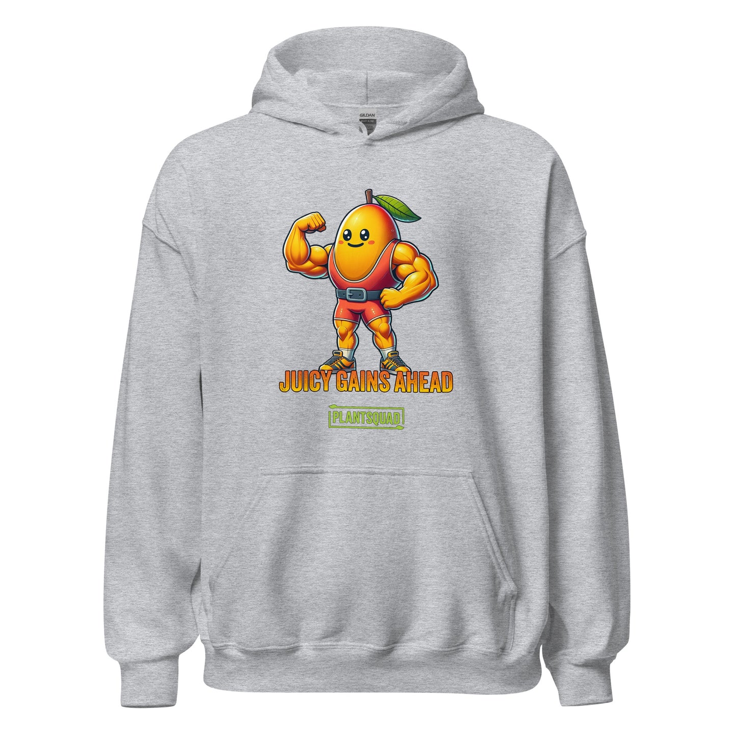 A black Plantsquad Mango "Juicy Gains Ahead" - Unisex Hoodie features a muscular mango cartoon flexing its biceps, donning a green leaf on its head. Below the mango, the text reads "Juicy Gains Ahead" in bold orange letters and "Plant Squad" in a green rectangular box, perfect for showcasing your vegan lifestyle.