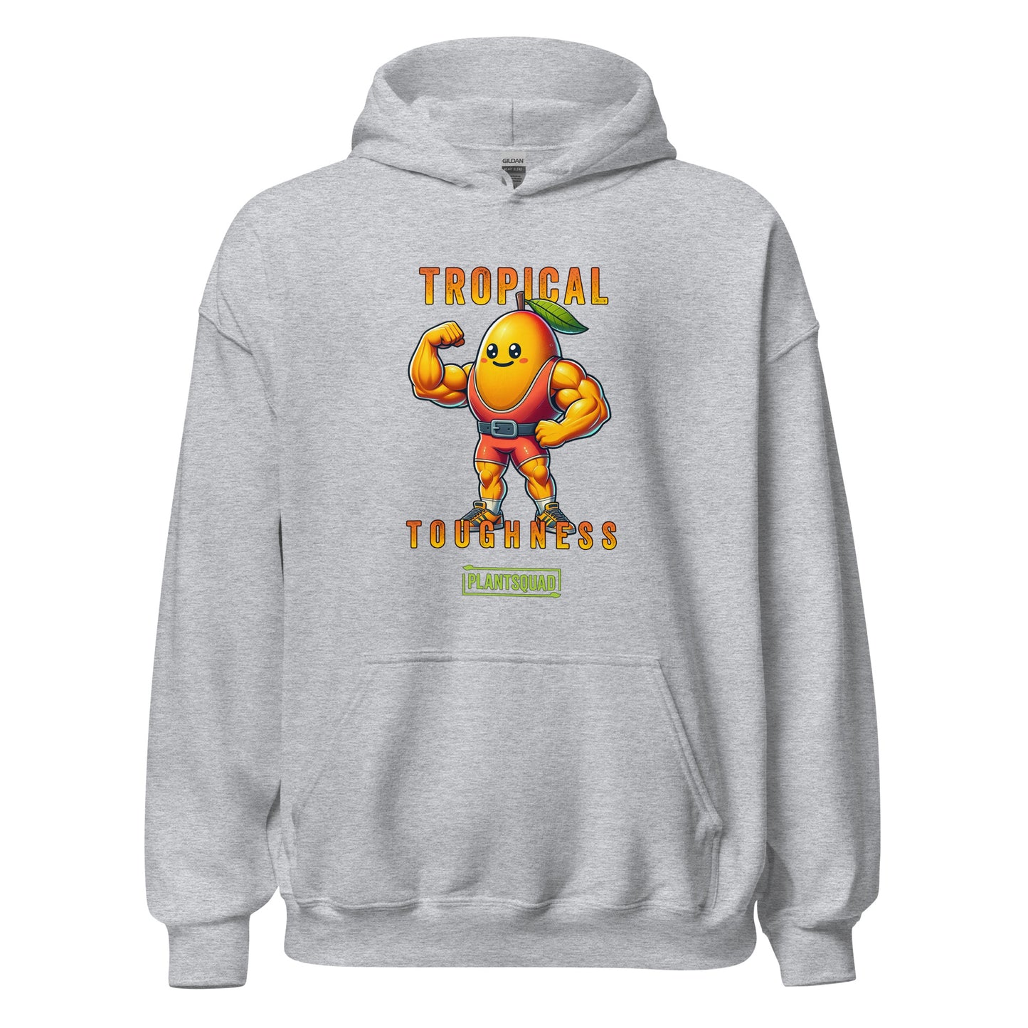 A Plantsquad Mango "Tropical Toughness" - Unisex Hoodie features a muscular, anthropomorphic mango character wearing superhero gear. The character is flexing its muscles, showcasing the benefits of a vegan lifestyle. Above it, text reads "Tropical Toughness," and below, a green label says "PLANTSQUAD.