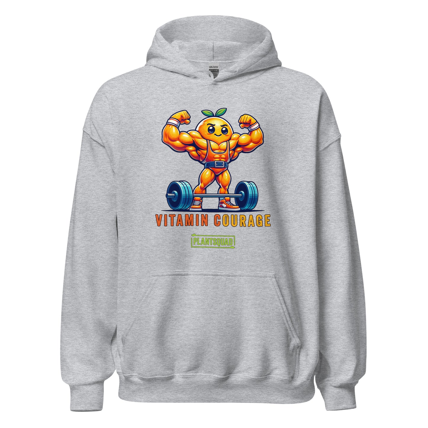 A Plantsquad Orange "Vitamin Courage" - Unisex Hoodie featuring a muscular, anthropomorphic orange lifting a barbell. The text "VITAMIN COURAGE" is written below the graphic, with "PLANTSQUAD" in a green rectangle underneath. Perfect for those embracing a vegan lifestyle.