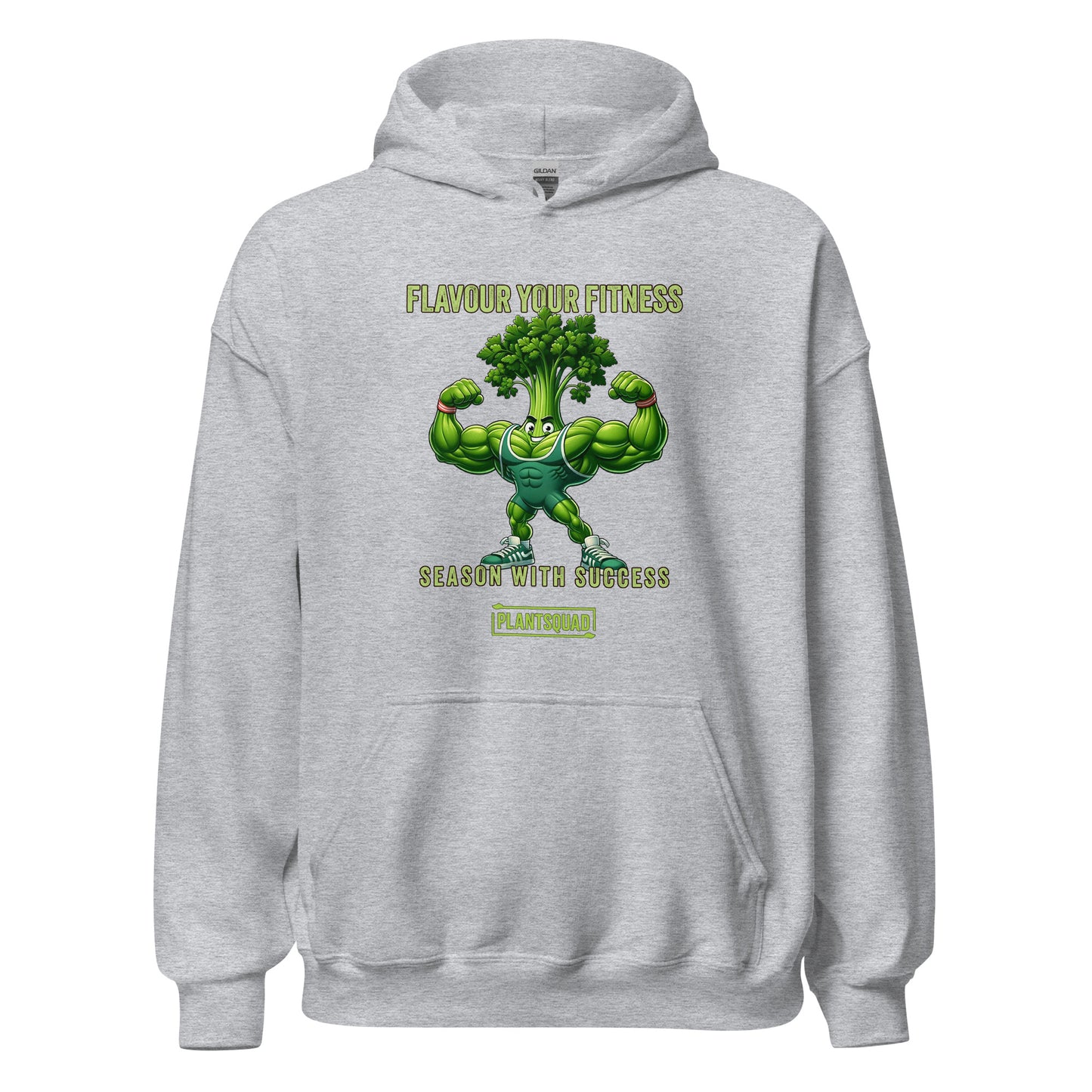 A black vegan hoodie featuring a muscular, anthropomorphic broccoli character flexing its arms. Above the character, the text reads "Flavour Your Fitness," and below it says "Season With Success." The "PLANTSQUAD" logo is displayed at the bottom, perfect for plant-based fitness enthusiasts. This is the Plantsquad Parsley "Flavour Your Fitness Season With Success" - Unisex Hoodie.