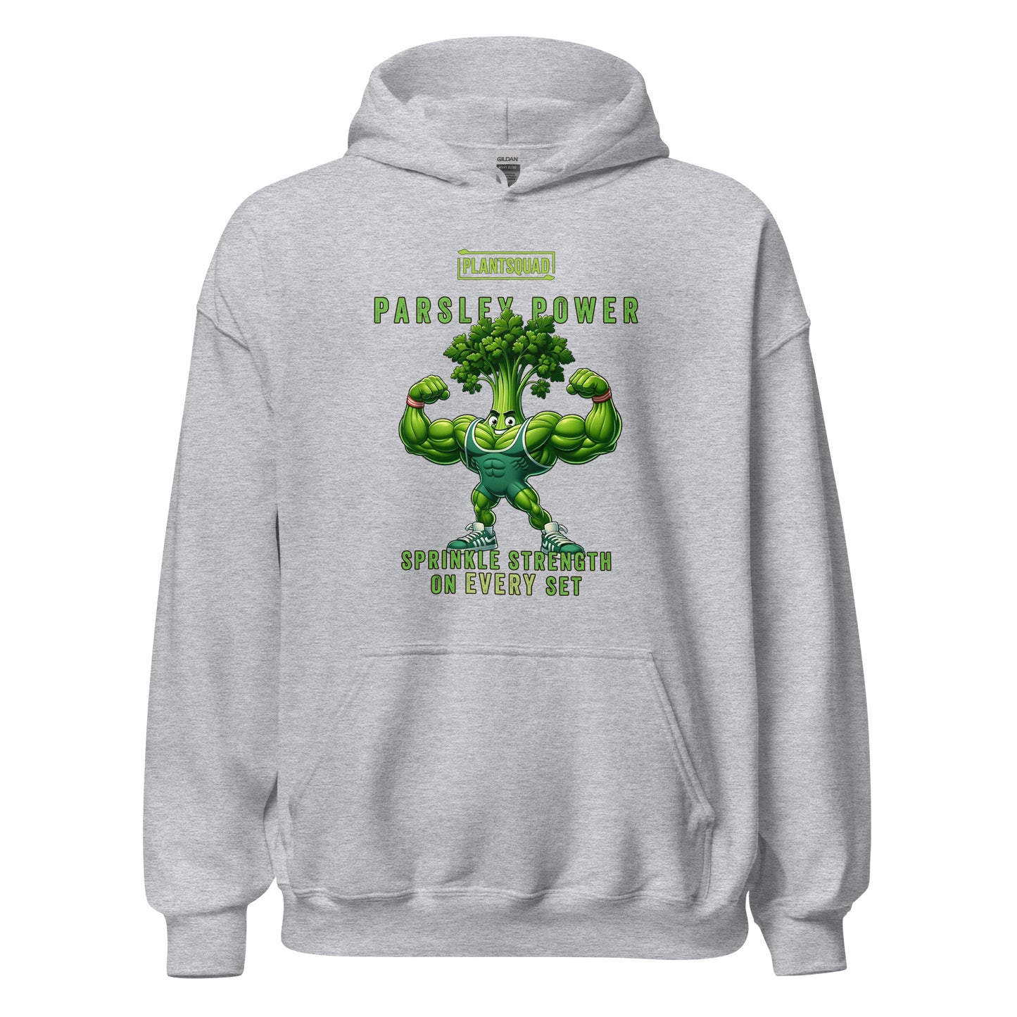 A black Plantsquad Parsley "Parsley Power Sprinkle Strength On Every Set" - Unisex Hoodie featuring a muscular cartoon parsley character flexing its arms. Above the character is the text "PLANTSQUAD" and "PARSLEY POWER." Below, it reads "SPRINKLE STRENGTH ON EVERY SET." The design is in shades of green and white, perfect for vegan gym apparel enthusiasts.