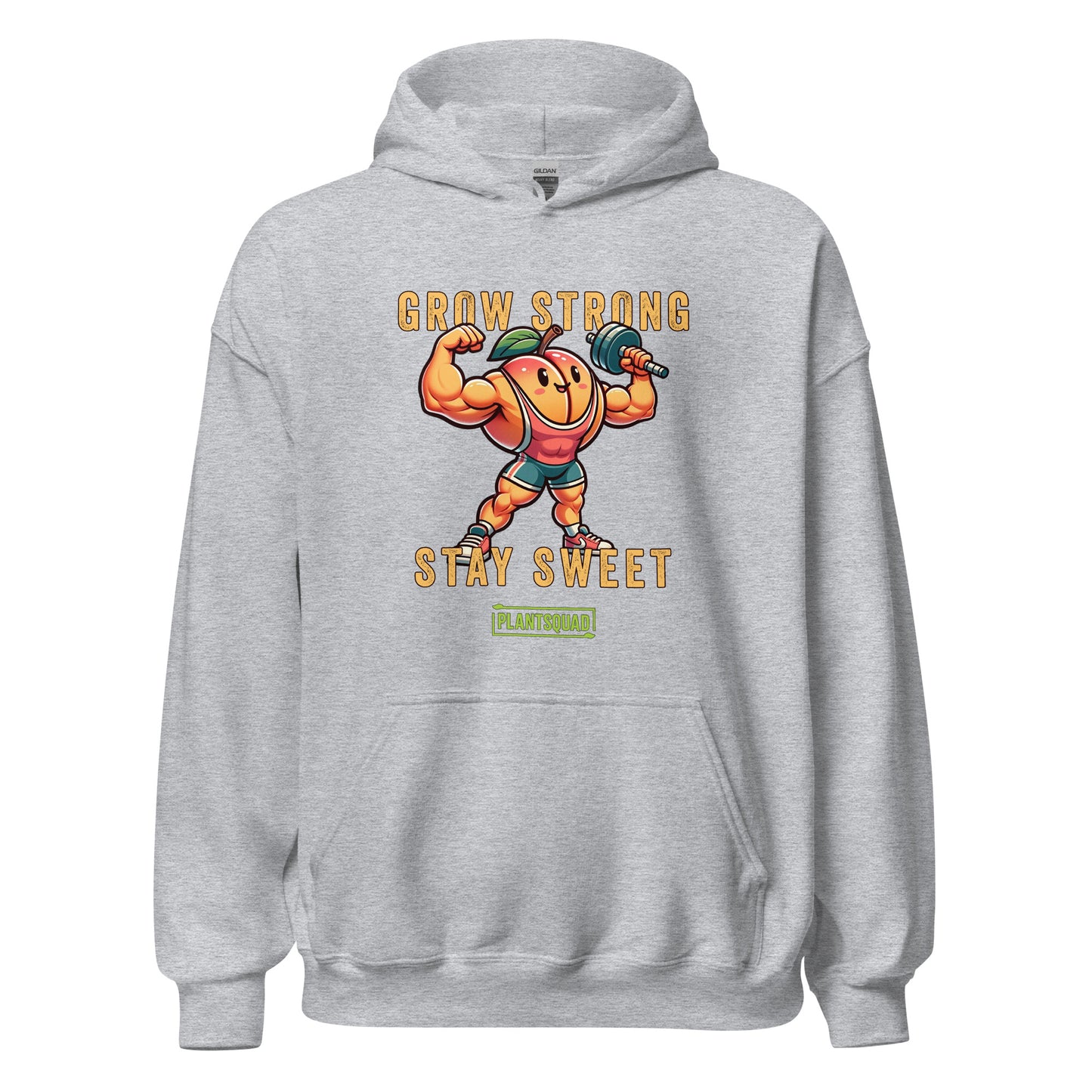 The Plantsquad Peach "Grow Strong Stay Sweet" - Unisex Hoodie features a cheerful, muscular cartoon orange lifting dumbbells. The text above and below the orange reads "Grow Strong Stay Sweet" with a small green label at the bottom that says "PLANTSQUAD." Made from cozy fabric, it's perfect for promoting a vegan lifestyle.