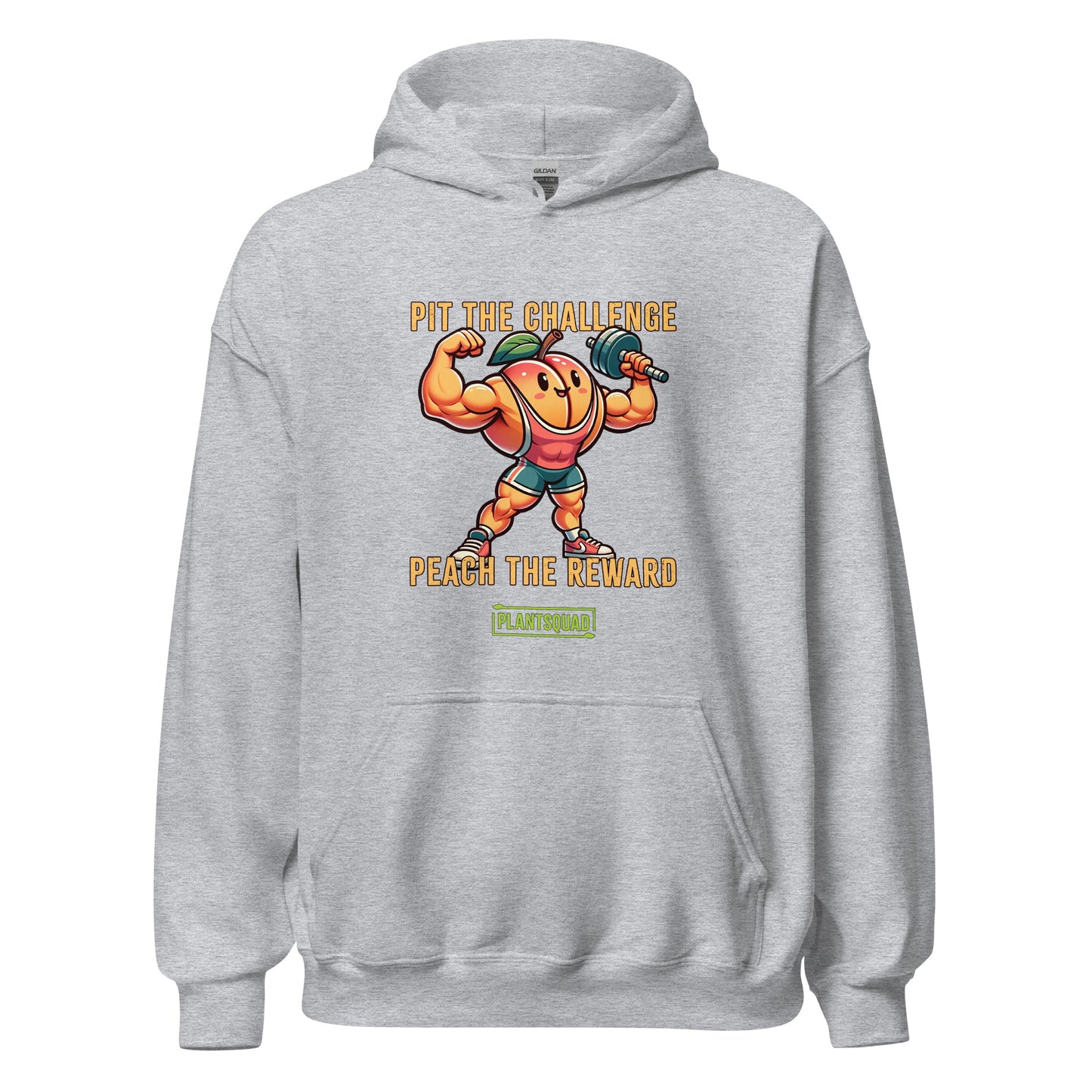 A Plantsquad Peach "Pit The Challenge Peach The Rewards" - Unisex Hoodie featuring a cartoon muscular peach lifting weights with green leaves as arms. Crafted from cozy fabric, the text above the peach reads "Pit the Challenge" and below it "Peach the Reward." Perfect for promoting a vegan lifestyle, the brand name "Plant Squad" appears at the bottom.