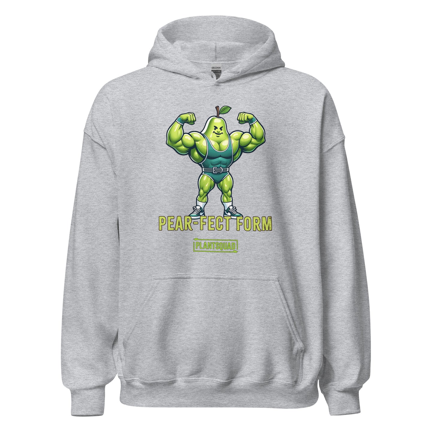 Plantsquad Pear "Pear-fect Form" - Unisex Hoodie featuring a cozy fabric and an illustration of a muscular pear cartoon flexing its biceps while wearing a blue weightlifting belt. The text underneath the pear reads "Pear-Fect Form" and below that is the logo "PlantSquad," perfect for showcasing your vegan lifestyle.