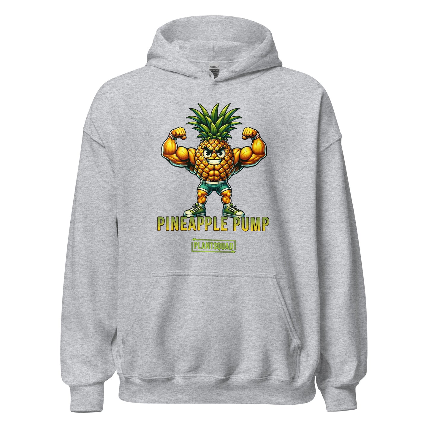 A black hooded sweatshirt features a muscular, anthropomorphic pineapple flexing its arms. Below the pineapple, the text reads "Pineapple Pump" with the brand name "PlantSquad" underneath. Perfect for gym enthusiasts embracing a vegan lifestyle, this Plantsquad Pineapple "Pineapple Pump" - Unisex Hoodie is both stylish and motivating.