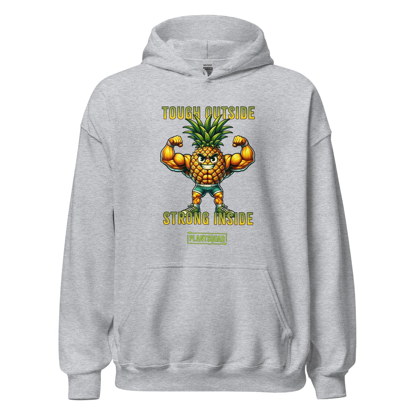 A cozy fabric black Plantsquad Pineapple "Tough Outside Strong Inside" - Unisex Hoodie featuring a muscular pineapple design with green leaves on its head. The pineapple flexes its muscles, with text above reading "Tough Outside," and below, "Strong Inside." Perfect for those embracing a vegan lifestyle, the word "PLANTSQUAD" is also proudly displayed.