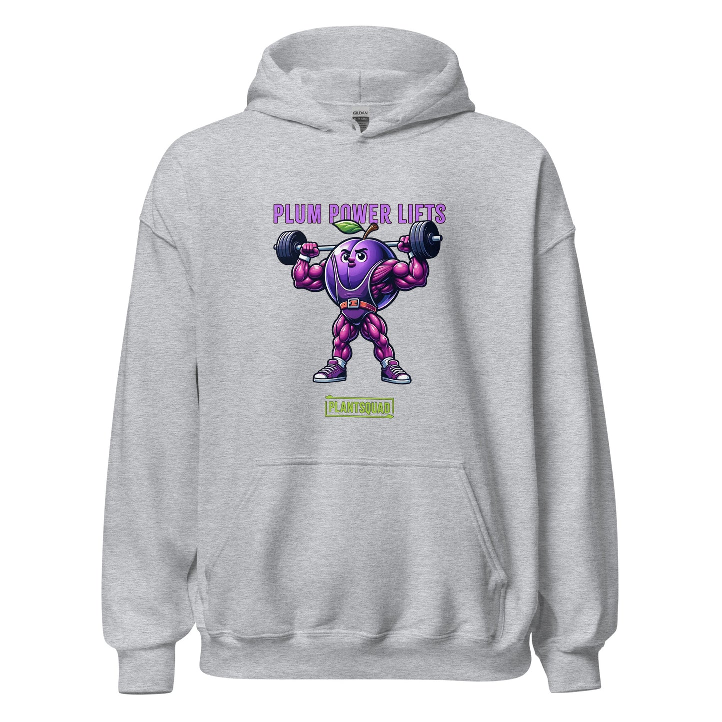 **Plantsquad Plum "Plum Power Lifts" - Unisex Hoodie** featuring a muscular cartoon plum character lifting barbells. Above the character, the text reads "PLUM POWER LIFTS" in purple letters. Below the character, the text reads "PLANT SQUAD" in green letters, perfect for those embracing a plant-based or vegan lifestyle.