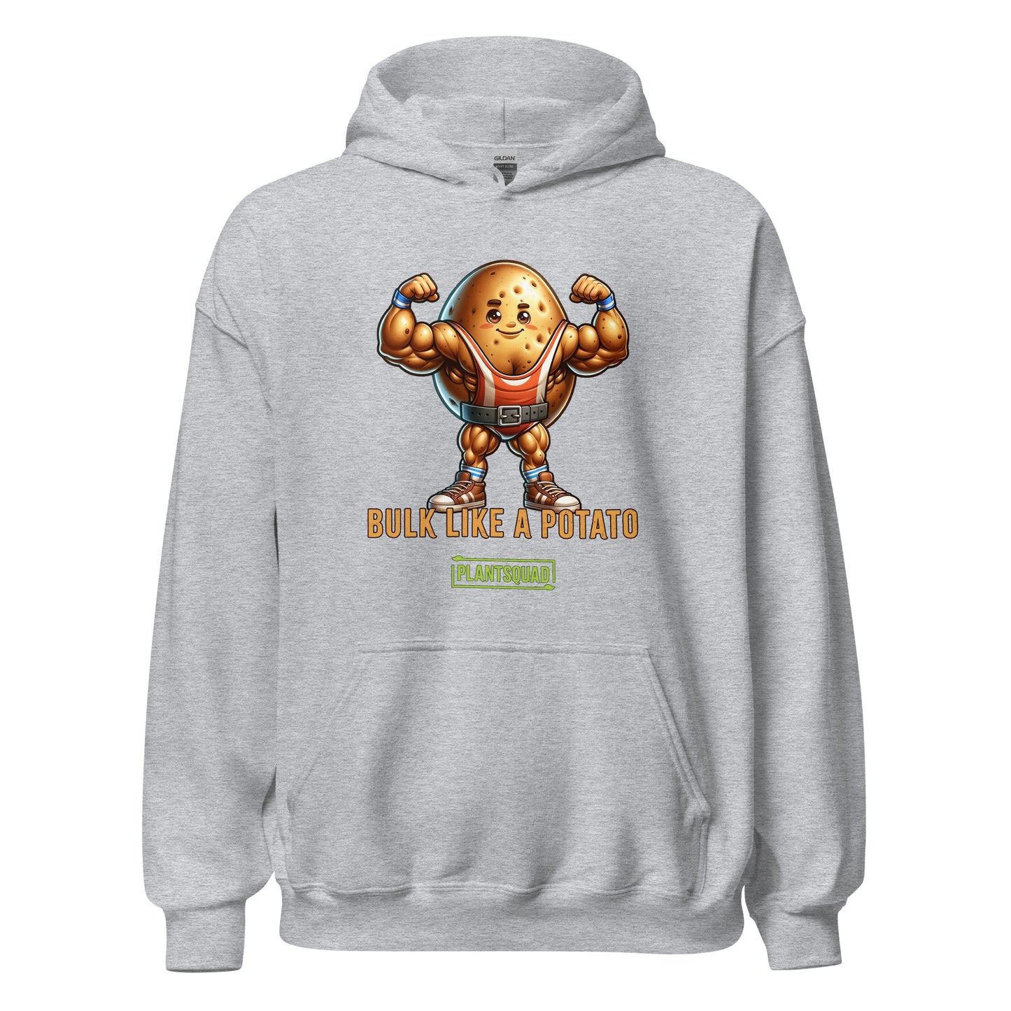 A Plantsquad Potato "Bulk Like A Potato" - Unisex Hoodie featuring a muscular cartoon potato character flexing its biceps. The text below the character reads "BULK LIKE A POTATO," with the word "PLANTSQUAD" in a green box underneath. Perfect for embracing a vegan lifestyle while staying cozy and showcasing your love for weight lifting.