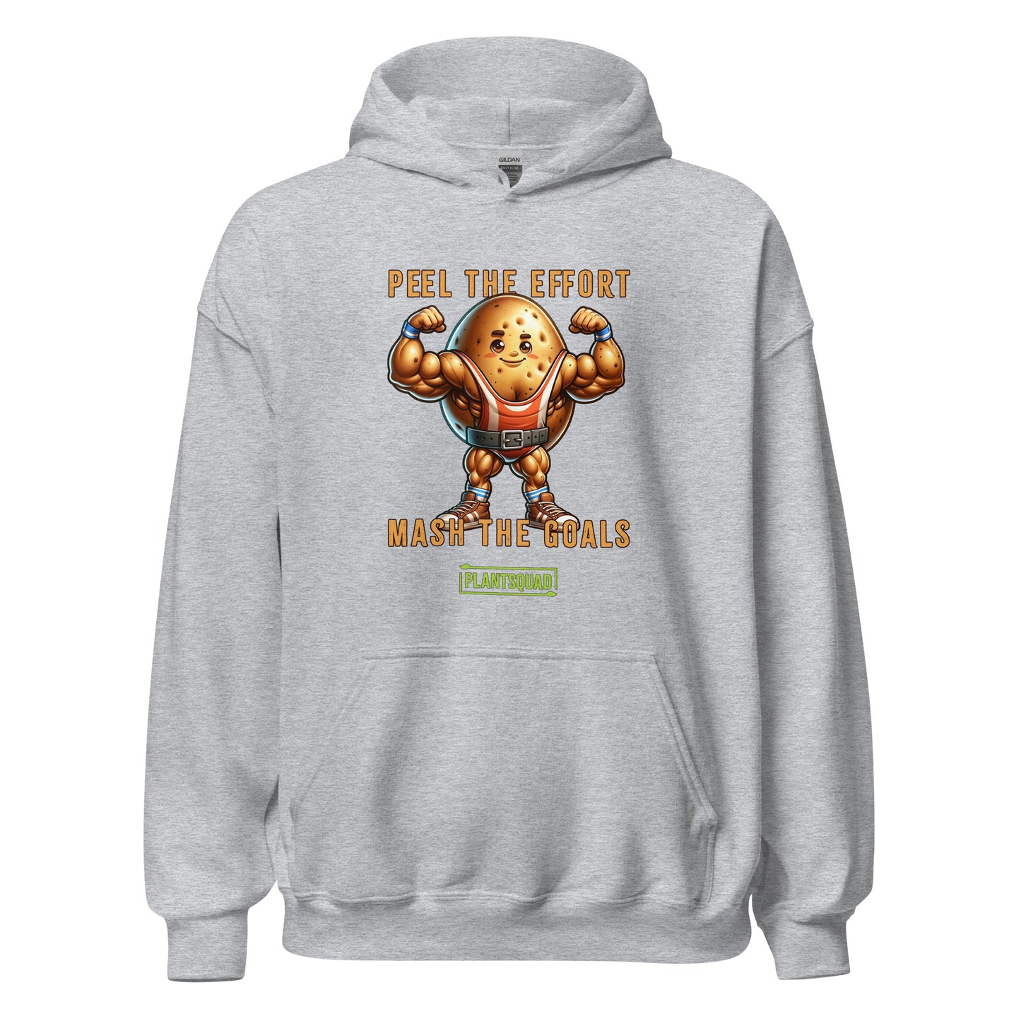 The Plantsquad Potato "Peel The Effort Mash The Goals" - Unisex Hoodie features a muscular potato character lifting weights. Above and below the potato, texts read "Peel The Effort" and "Mash The Goals." Promoting a vegan lifestyle, the word "PlantSquad" is displayed beneath the potato graphic.