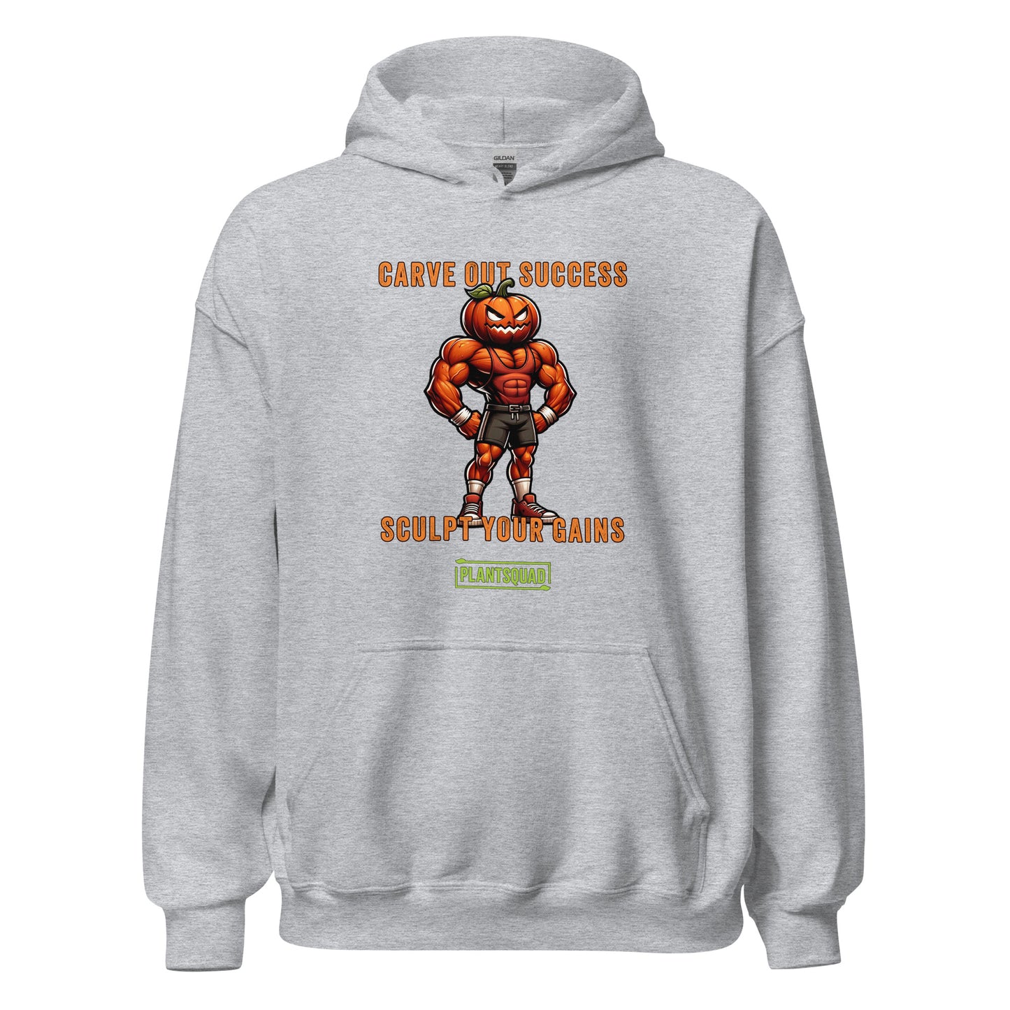 A black weight lifting hoodie features an illustration of a muscular pumpkin-headed figure in workout attire. The text above and below reads "Carve Out Success" and "Sculpt Your Gains," with a small "PlantSquad" logo at the bottom, celebrating the vegan lifestyle. This is the Plantsquad Pumpkin "Carve Out Your Success Sculpt Your Gains" - Unisex Hoodie.