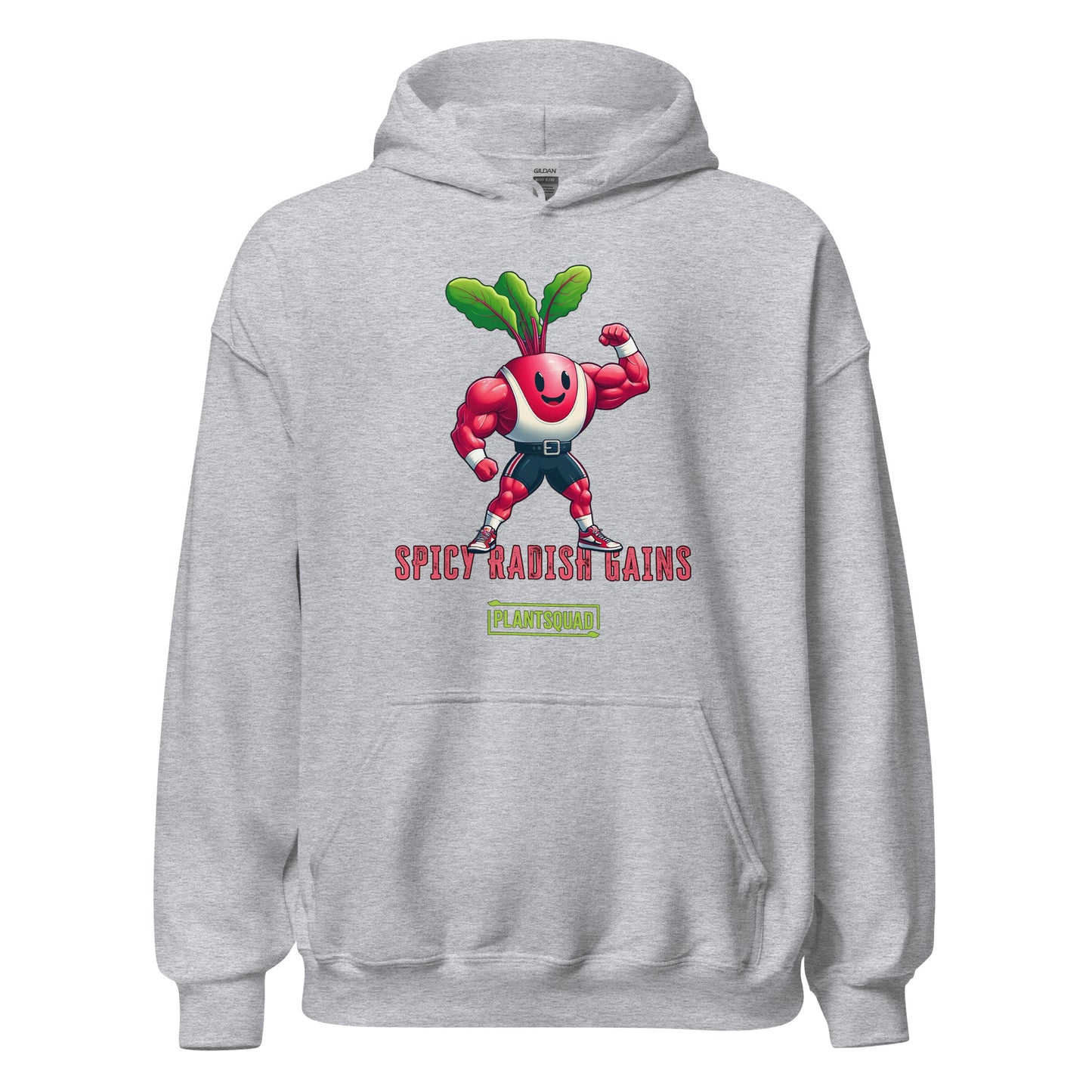 A Plantsquad Radish "Spicy Radish Gains" - Unisex Hoodie made of cozy fabric displays a cartoon radish character with muscular arms, flexing one arm. The radish has a smiling face and green leaves on top. Below it, the text reads "SPICY RADISH GAINS" in bold red letters, with a green banner reading "PLANTSQUAD" underneath—a perfect fit for the vegan lifestyle and weight lifting enthusiasts.