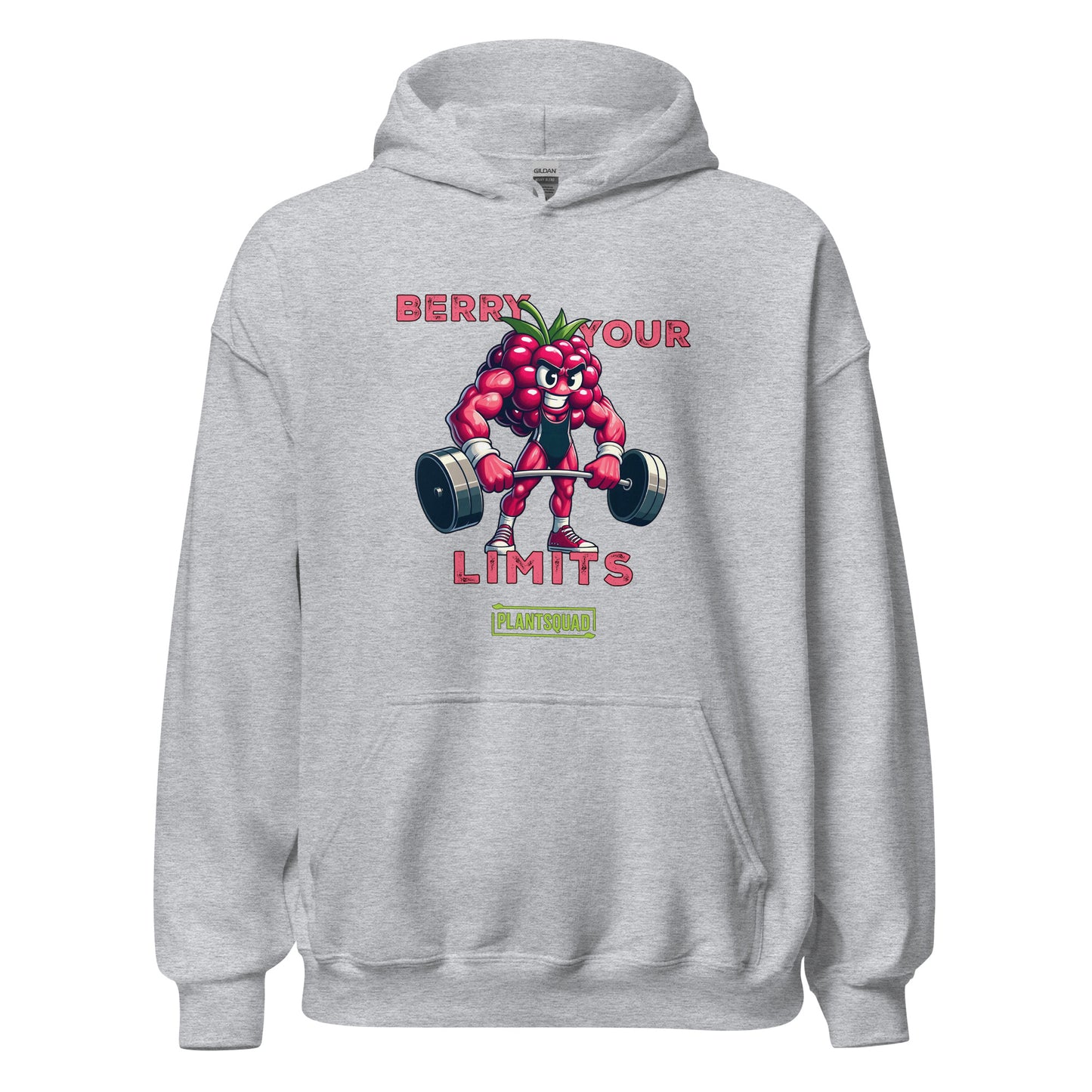 A black hoodie with a printed cartoon image of a muscular strawberry character lifting dumbbells. The text above reads "Berry Your Limits," perfect for those embracing a vegan gym wear style, and "Plantsquad" is written below the character. Introducing the Plantsquad Raspberry "Berry Your Limits" - Unisex Hoodie.