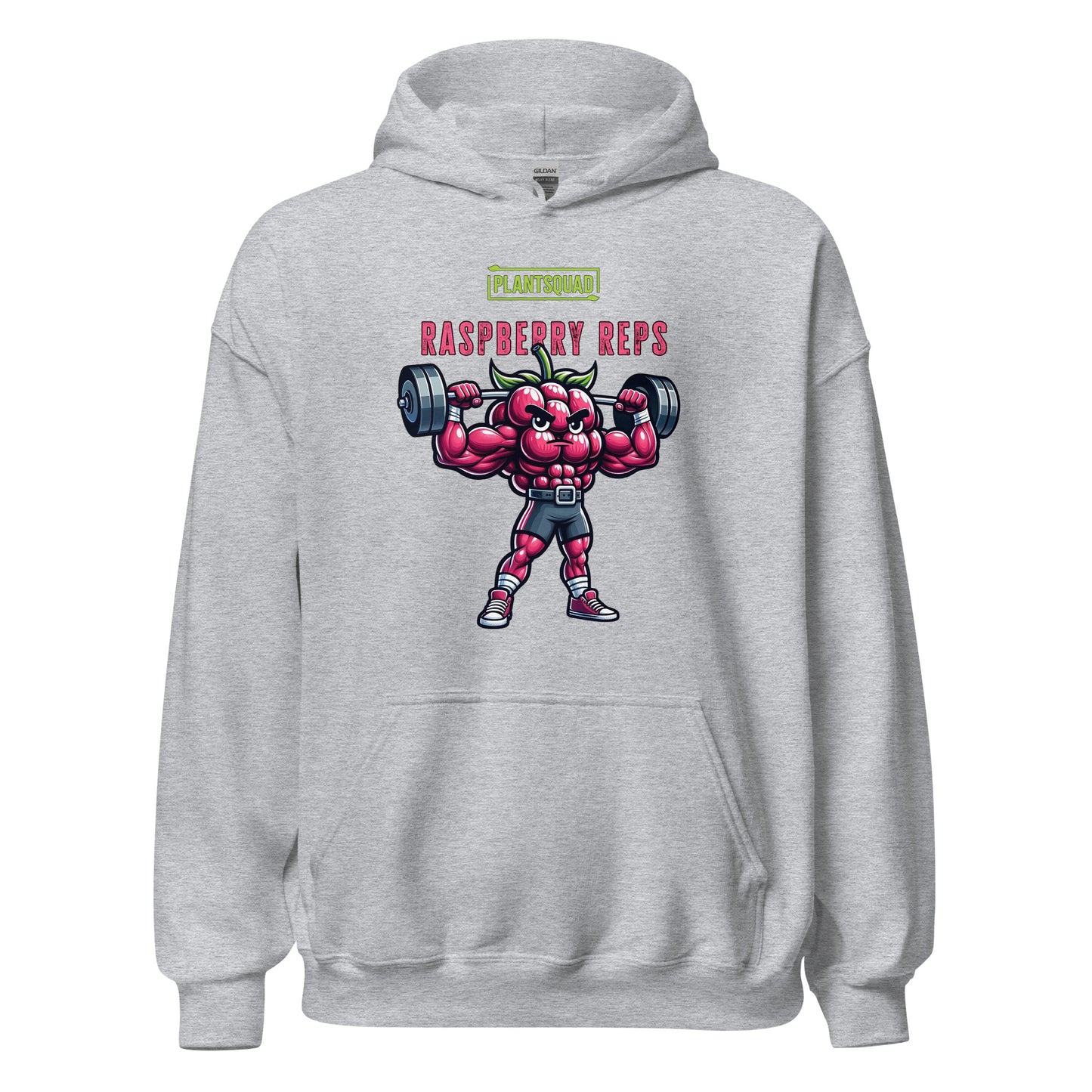 A black weight-lifting Plantsquad Raspberry "Raspberry Reps" - Unisex Hoodie featuring a muscular, animated raspberry character lifting a barbell. The text above the character reads "PLANTSQUAD" and below it says "Raspberry Reps." Perfect for gym enthusiasts embracing a plant-based vegan lifestyle, the design is colorful and playful, emphasizing fitness with a fun, fruity twist.