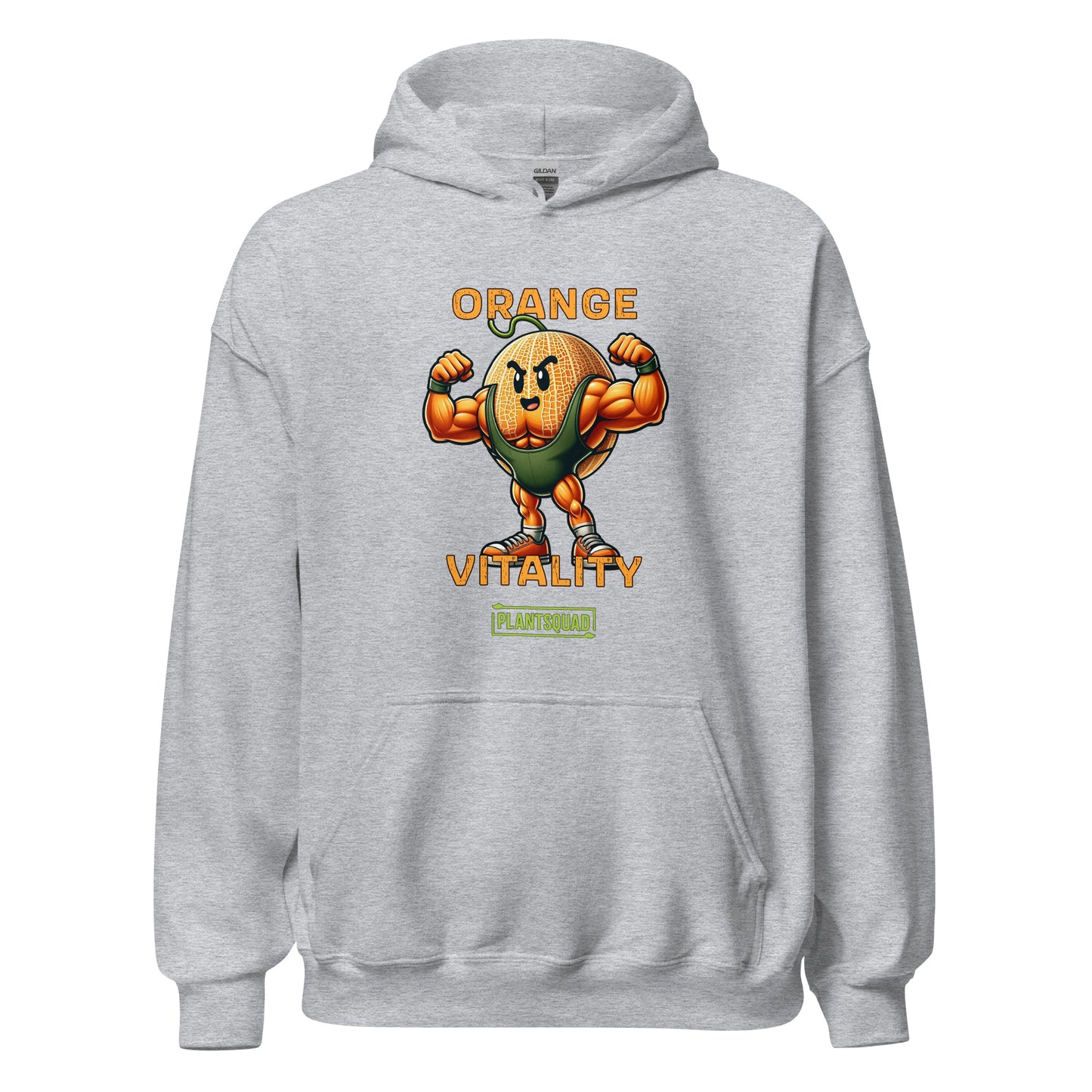 A black hooded sweatshirt boasts a muscular, cartoon orange with a fierce expression, flexing its arms. Above the orange, text reads "ORANGE VITALITY." Below it, a logo with the text "PLANTSQUAD" celebrates the vegan lifestyle. The product is called Plantsquad Rockmelon "Orange Vitality"" - Unisex Hoodie.