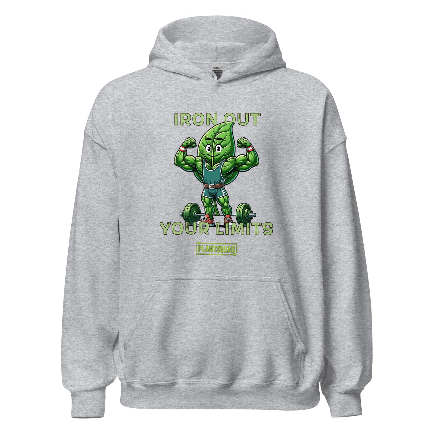 A **Plantsquad Spinach "Iron Out Your Limits" - Unisex Hoodie** features a cartoon illustration of a muscular leaf character lifting a barbell. The text above and below the character reads, "IRON OUT YOUR LIMITS," with "PLANTSQUAD" on a banner beneath, celebrating the vegan lifestyle.