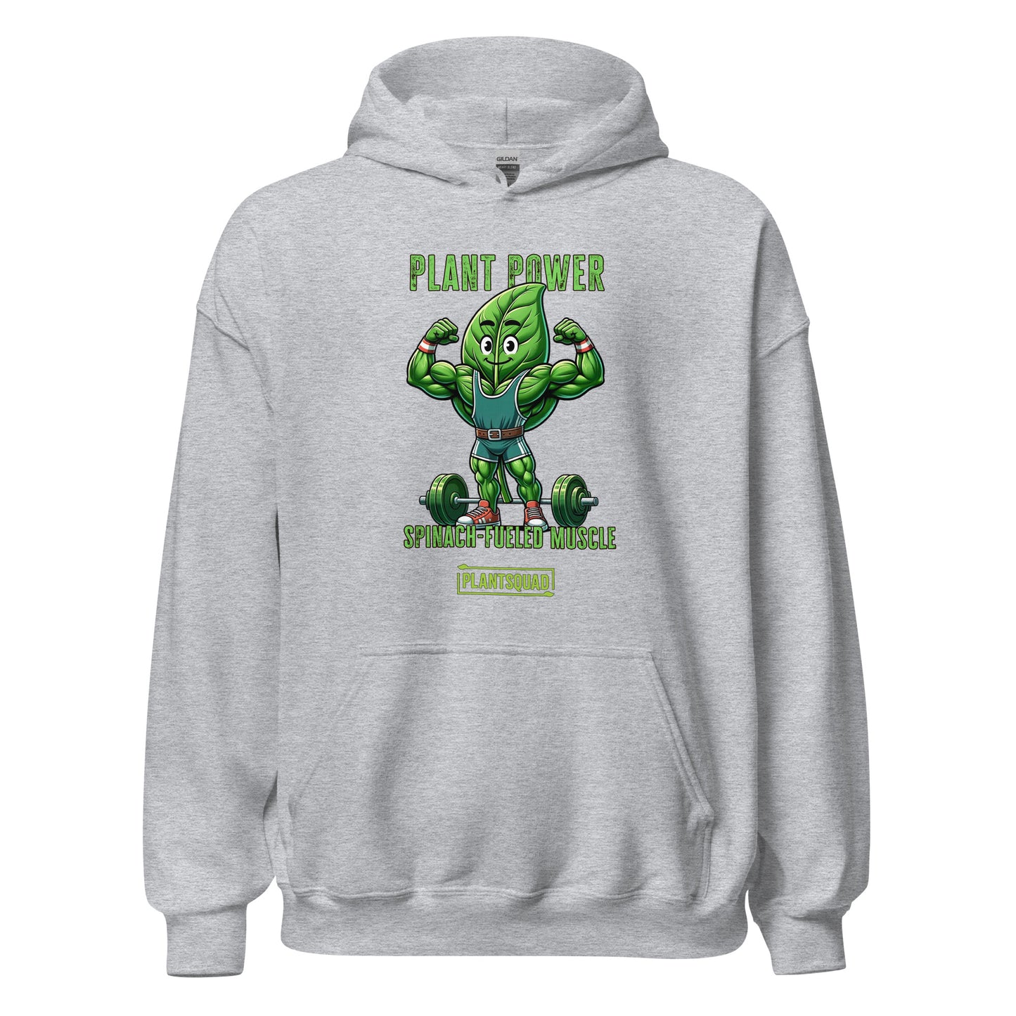 The Plantsquad Spinach "Plant Power Spinach Fueled Muscle" - Unisex Hoodie features a muscular cartoon spinach leaf character lifting weights with the text "PLANT POWER" above and "SPINACH FUELED MUSCLE" below. Perfect for gym enthusiasts embracing a vegan lifestyle, there’s a small "PLANTSQUAD" label at the bottom.