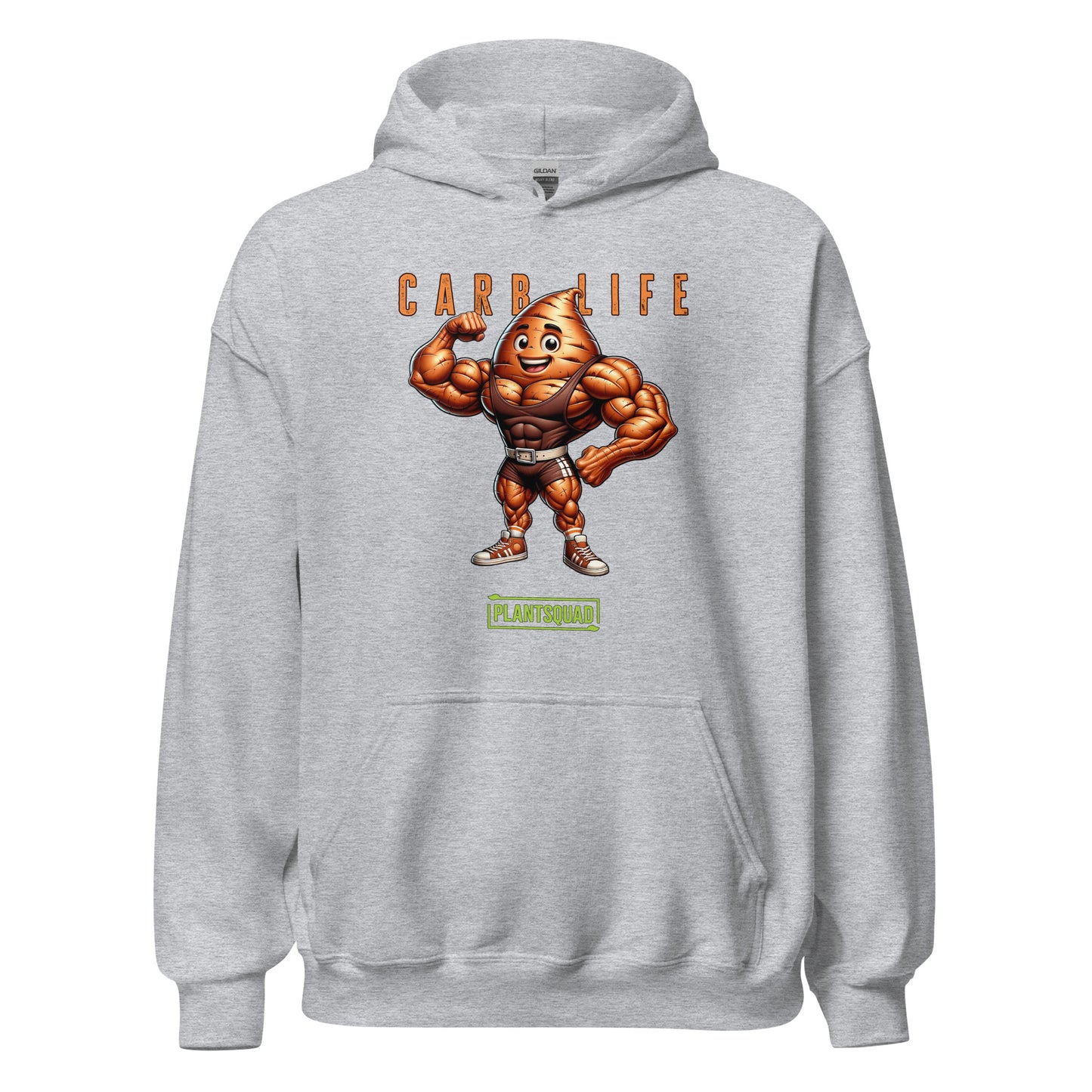 A Plantsquad Sweet Potato "Carb Life" - Unisex Hoodie featuring a cartoon image of a muscular vegetable with a smiling face. Above the image is the text "CARB LIFE" in orange letters, and below it is a green and white logo that reads "PLANTSQUAD." Made from cozy fabric, it's perfect for those embracing a vegan lifestyle.