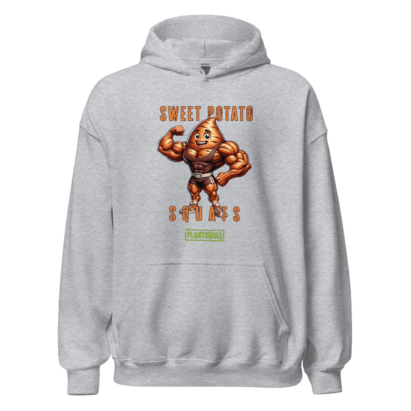 A black Plantsquad Sweet Potato "Sweet Potato Squats" - Unisex Hoodie featuring a muscular anthropomorphic sweet potato flexing its arms. The text above reads "Sweet Potato Squats" and below reads "Plantsquad." The sweet potato character is smiling, wearing a weightlifting belt, and the cozy fabric makes it perfect for anyone embracing the vegan lifestyle.