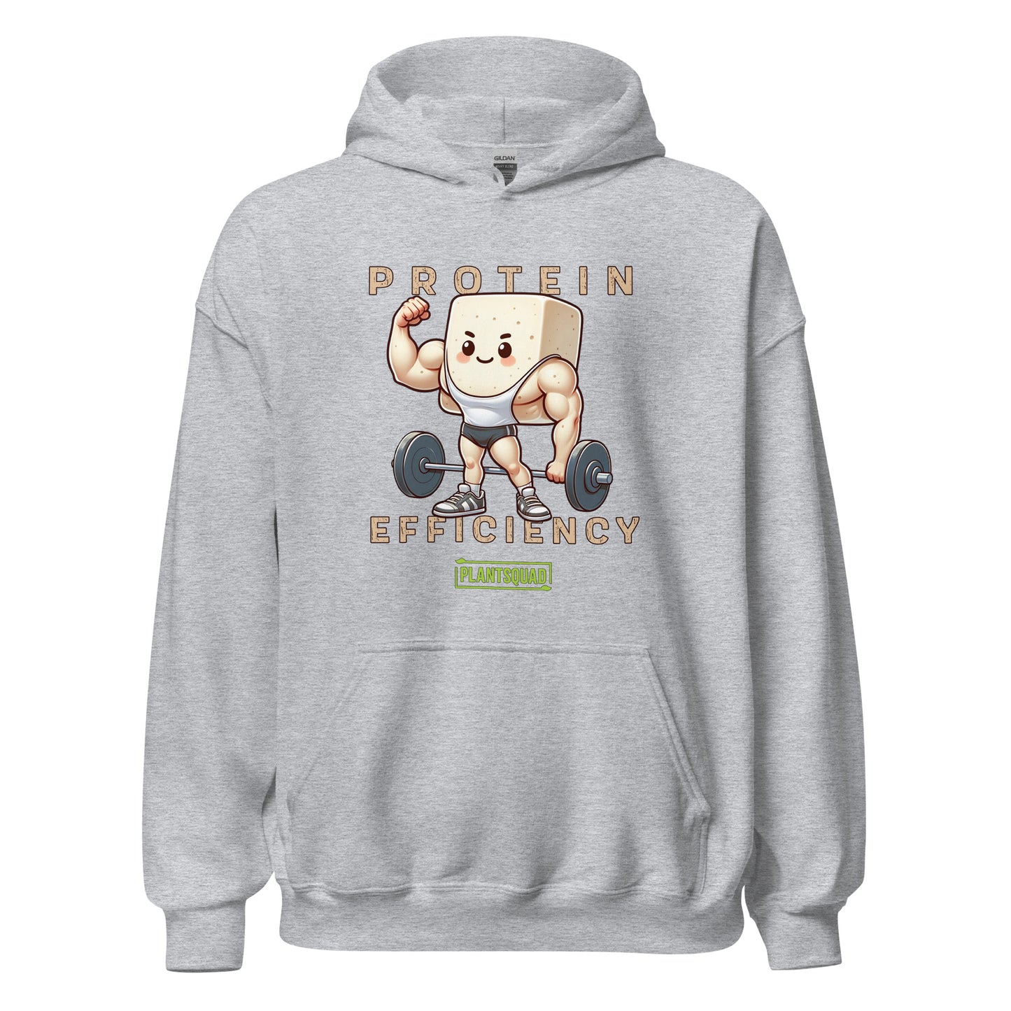 This Plantsquad Tofu "Protein Efficiency" - Unisex Hoodie features an illustration of a muscular cartoon tofu character lifting a barbell, celebrating the vegan lifestyle. The text above and below reads "PROTEIN EFFICIENCY." Below the illustration, there's a small logo that says "PLANTSQUAD.