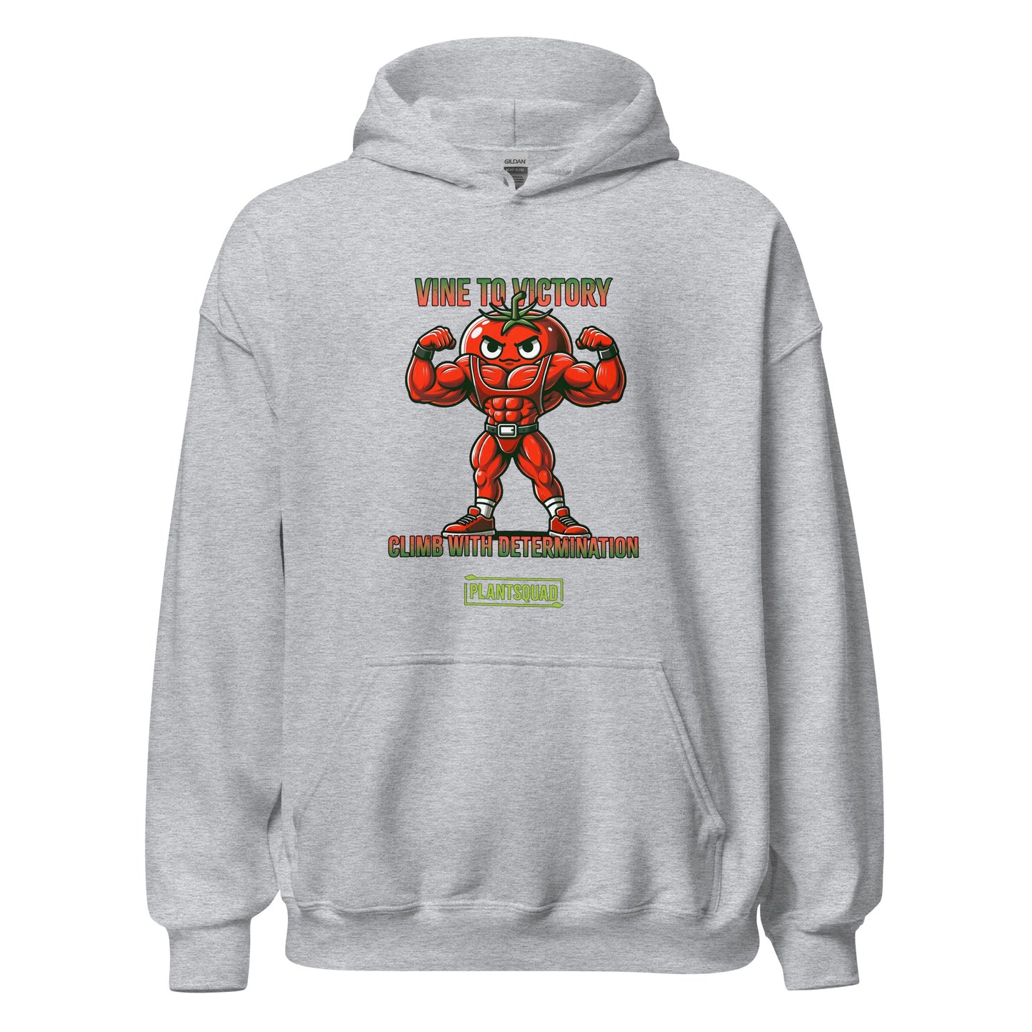 A Plantsquad Tomato "Vine To Victory Climb With Determination" - Unisex Hoodie featuring an illustration of a muscular, flexing tomato character with an angry expression. The text above reads "Vine to Victory" and below it says "Climb with Determination." A green box at the bottom contains the word "PLANTSQUAD," perfect for promoting a vegan lifestyle.