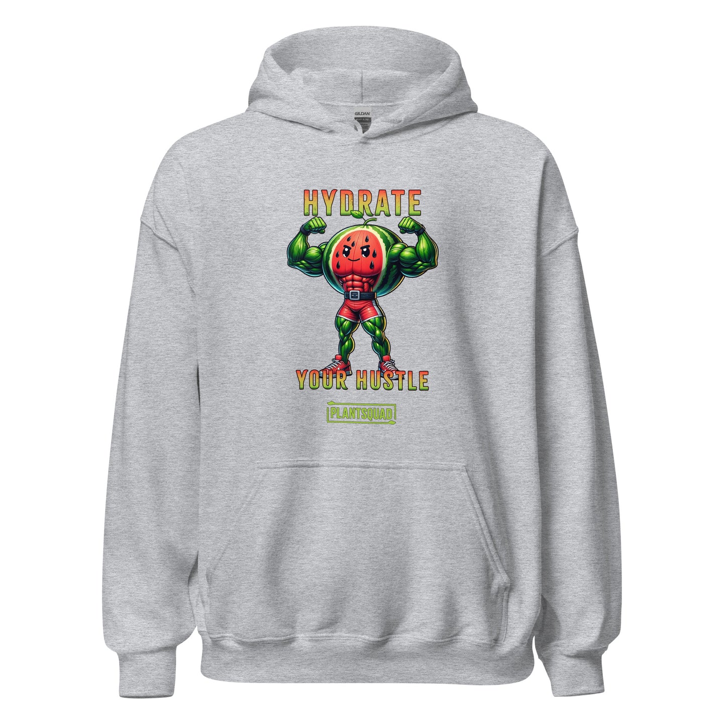 A black workout hoodie features an illustration of a muscular, anthropomorphic watermelon holding two water bottles. The text above and below the illustration reads, "Hydrate Your Hustle." Embrace your plant-based lifestyle with this stylish piece from Plantsquad Watermelon "Hydrate Your Hustle" - Unisex Hoodie.