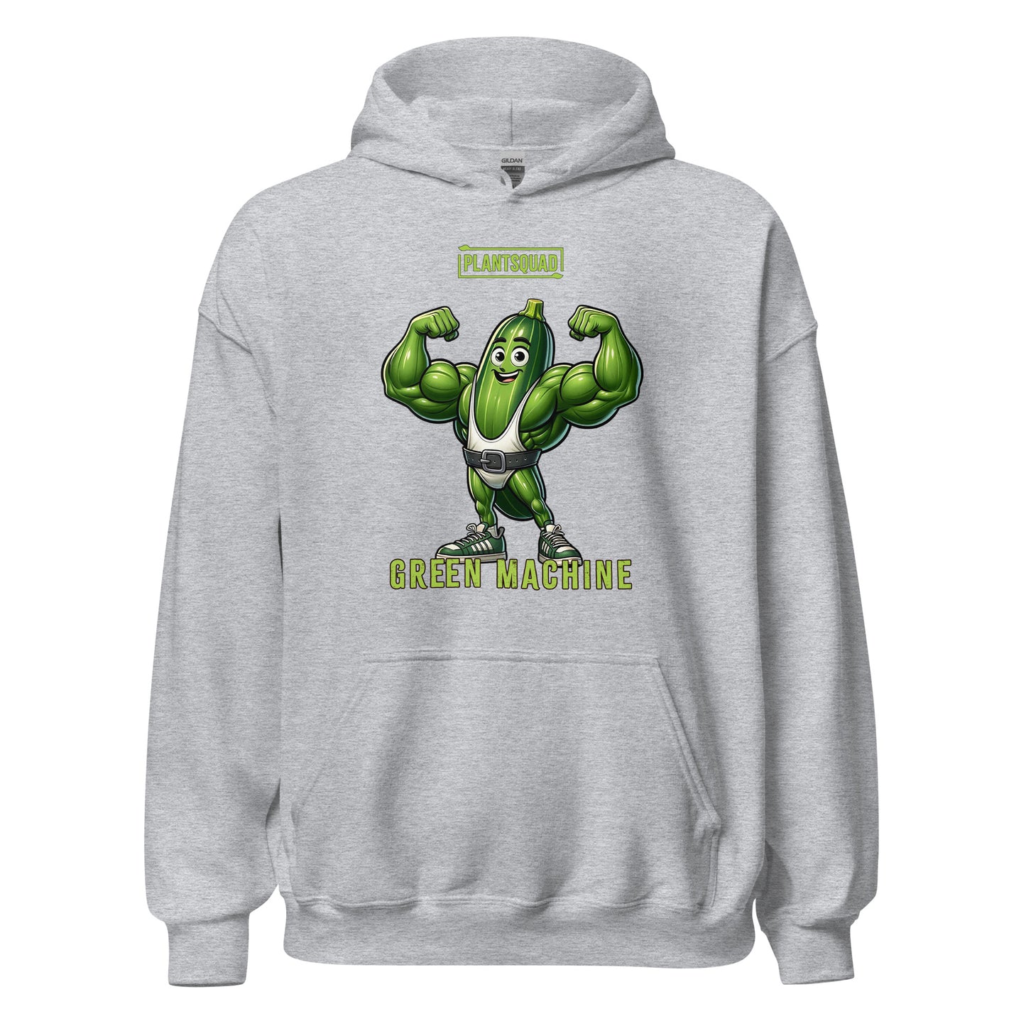 A black hoodie featuring a muscular cucumber character flexing its arms. Above the character, the text reads "PLANTSQUAD," and below it, "GREEN MACHINE" in lime-green, blocky font. This Plantsquad Zucchini "Green Machine" - Unisex Hoodie has a front pocket and a drawstring hood, perfect for those embracing a plant-based lifestyle.